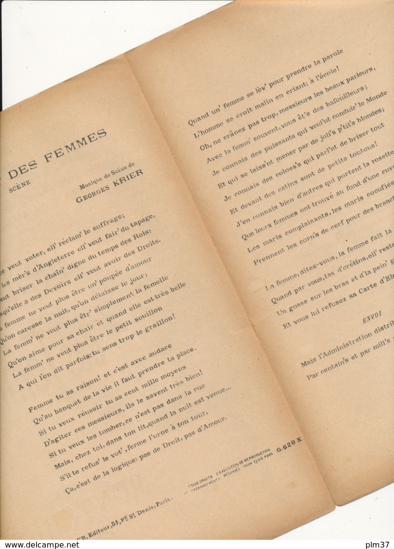 CHANSON  Scène - Le Droit Des Femmes - MONTEHUS, G. Krier - Partitions Musicales Anciennes