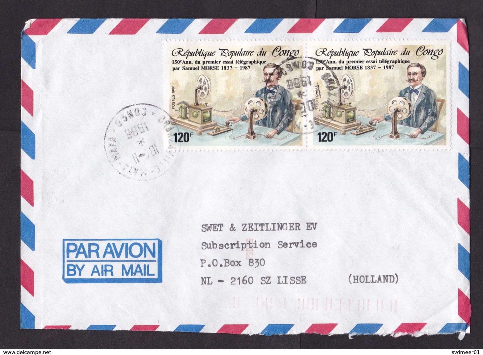 Congo: Airmail Cover To Netherlands, 1988, 2 Stamps, Morse, Telegraph, Invention, Telecom, Rare Real Use (rough Opened) - Andere & Zonder Classificatie