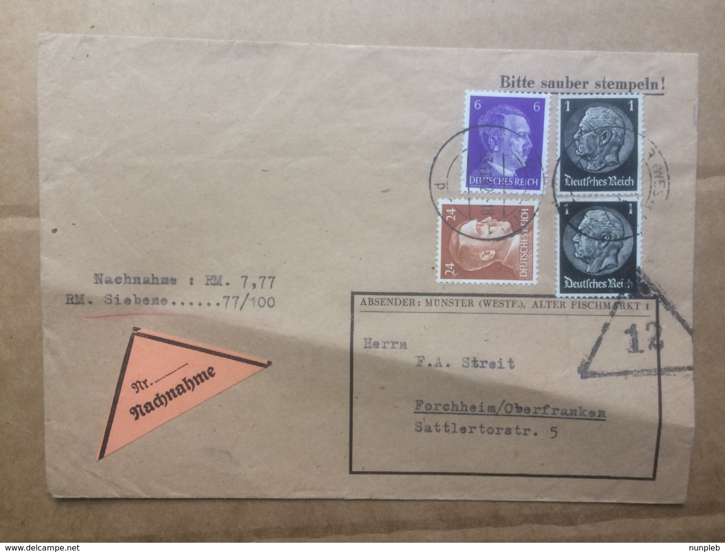 GERMANY 1942 Cover Nachnahme Check Mark 12 In Triangle Sent To Forchheim - Briefe U. Dokumente