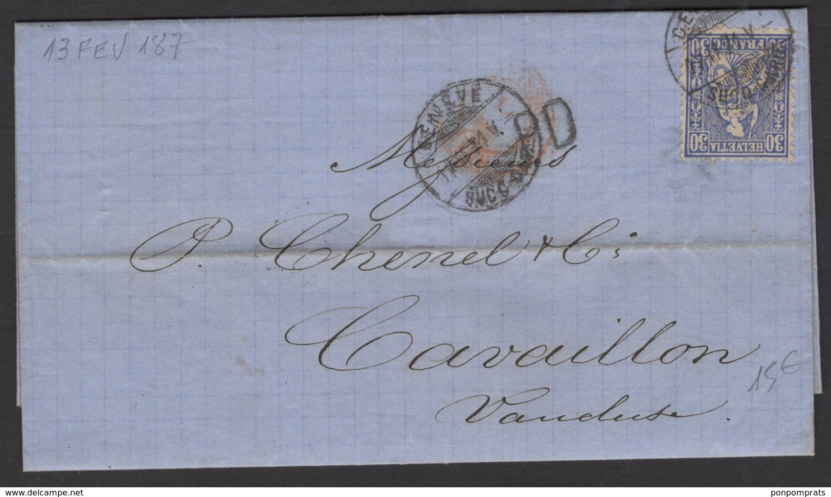 SUISSE : Rare Guerre De 1870 Pli De Dusseldorf 13 FEV 71 Avec 30C Outremer Oblt CàDate GENEVE + Entrée Rouge > CAVAILLON - Briefe U. Dokumente