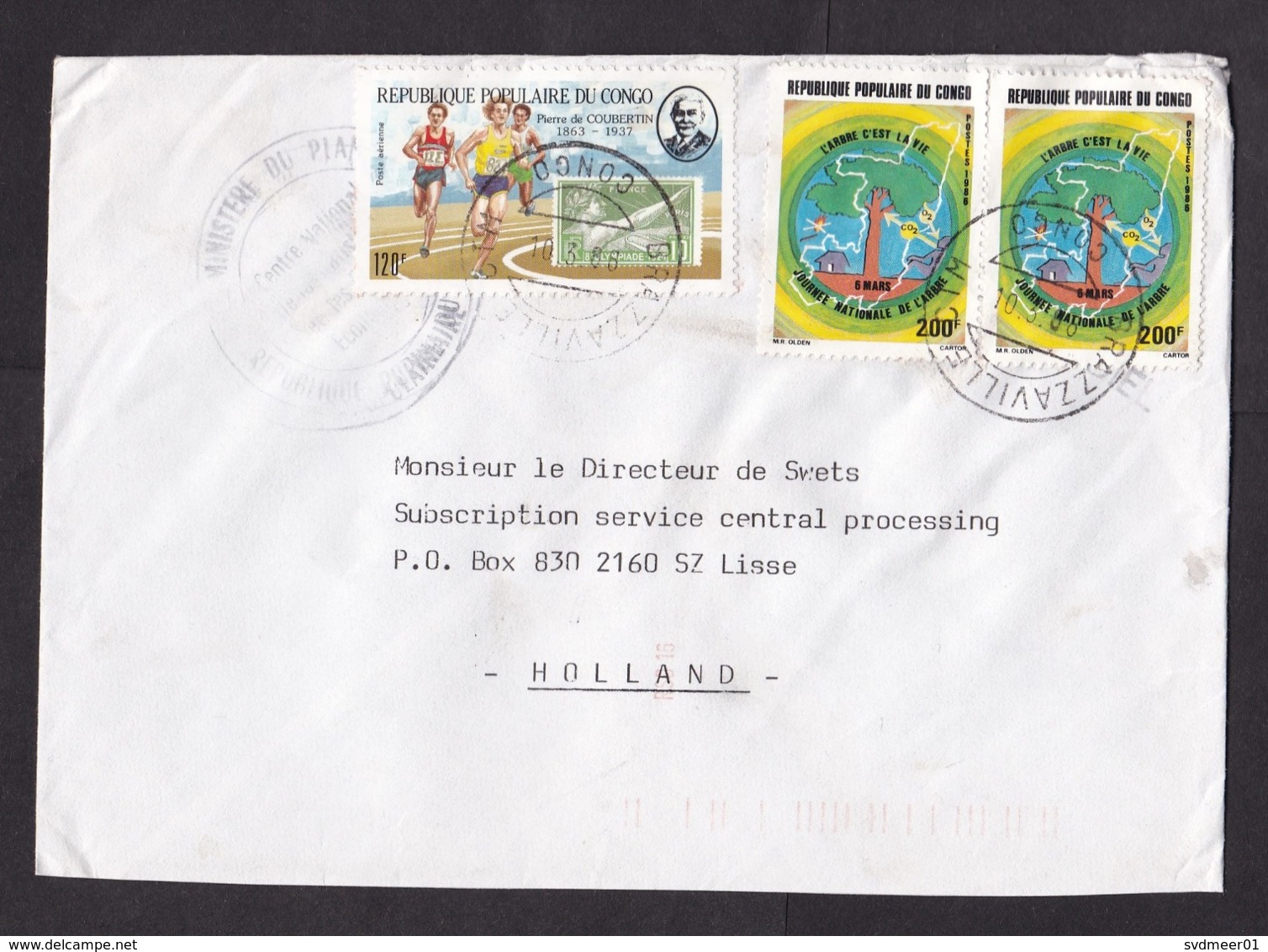 Congo: Airmail Cover To Netherlands, 1988, 3 Stamps, Coubertin, Olympics, Tree, CO2, Rare Real Use (minor Damage) - Andere & Zonder Classificatie