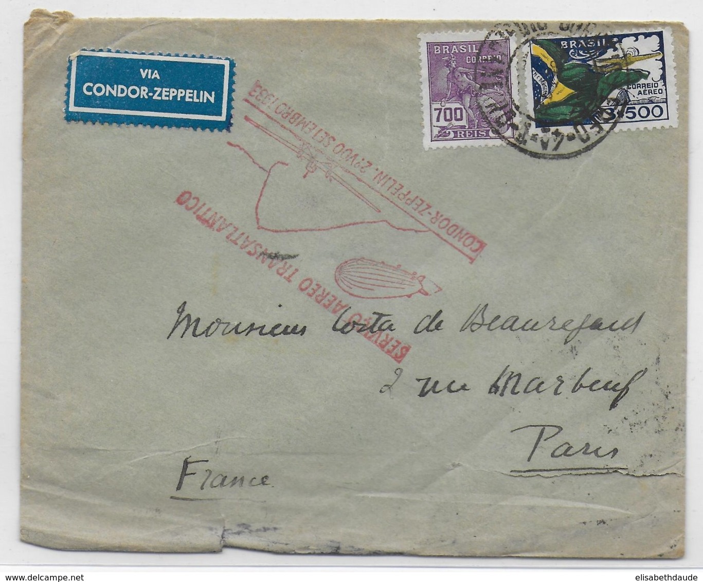 1933 - BRESIL - ENVELOPPE Via CONDOR ZEPPELIN RARE CACHET FACE AVANT ROUGE + MECA VERTE AU DOS LUFTSCHIFF GRAF ZEPPELIN - Storia Postale