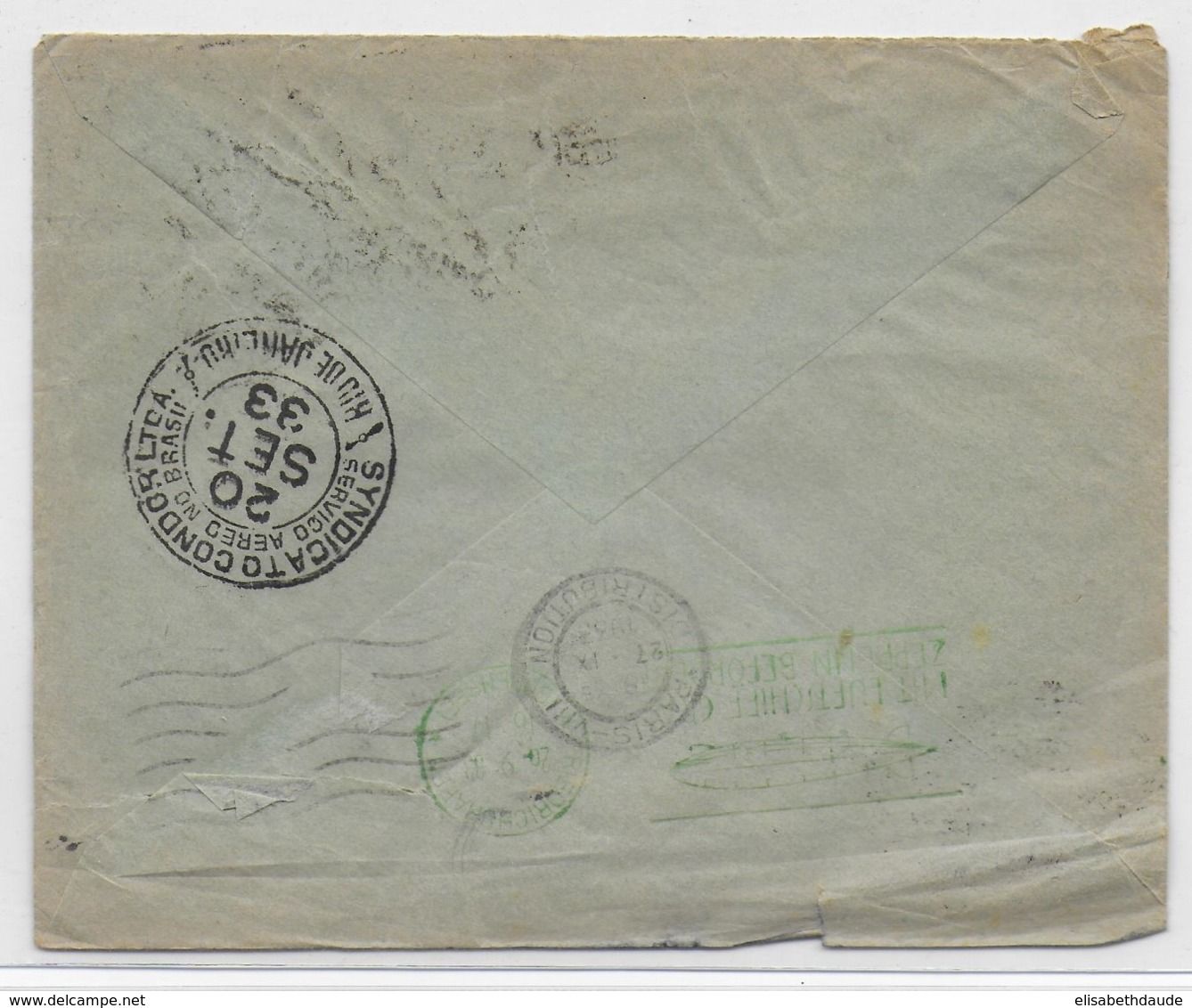 1933 - BRESIL - ENVELOPPE Via CONDOR ZEPPELIN RARE CACHET FACE AVANT ROUGE + MECA VERTE AU DOS LUFTSCHIFF GRAF ZEPPELIN - Covers & Documents