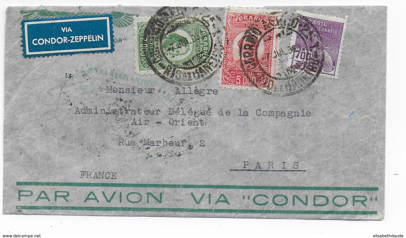 1933 - BRESIL - ENV. Via CONDOR ZEPPELIN - CACHET FACE AVANT VERT PEU  + CACHET VERT AU DOS LUFTSCHIFF GRAF ZEPPELIN - Airmail & Zeppelin