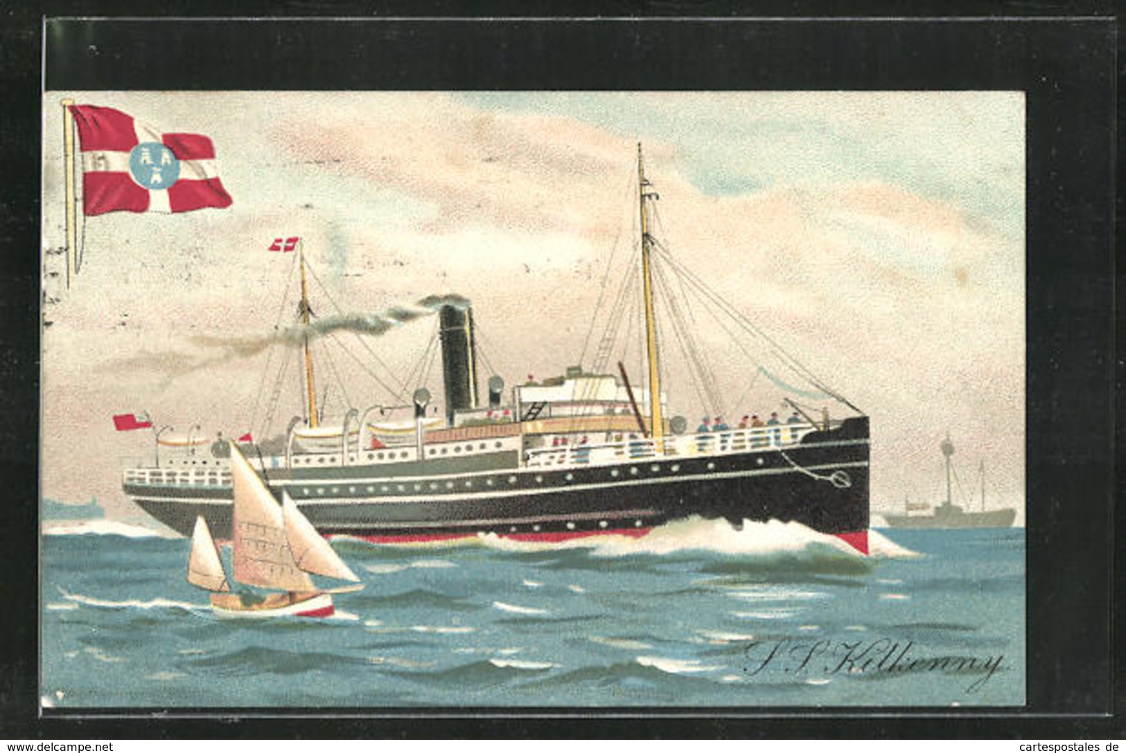 Lithographie Passagierschiff S.S. Kilkenny In Schneller Fahrt Neben Segelboot, Fahne, City Of Dublin Steam Packet Co. - Paquebots