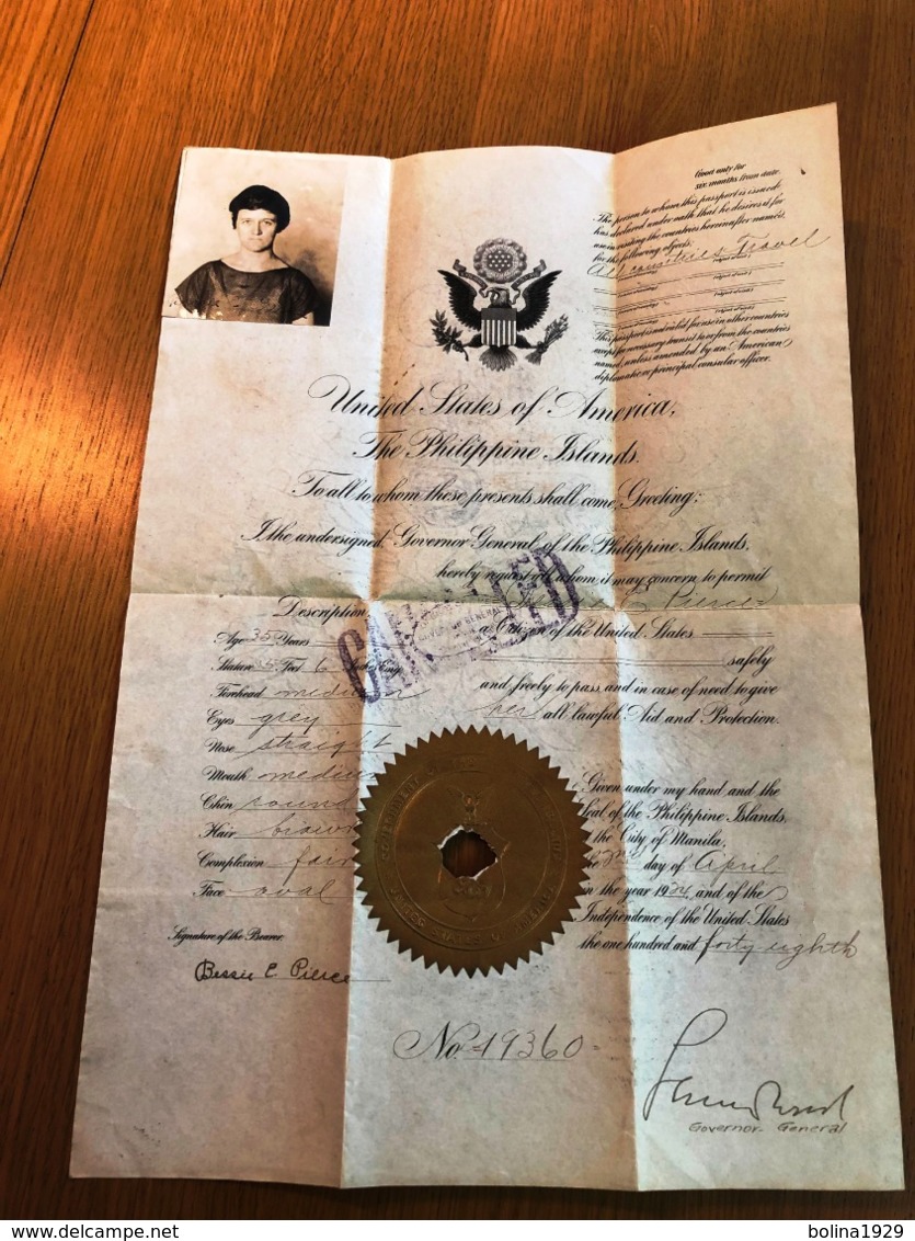 1924 US Philippines Passport - Documents Historiques