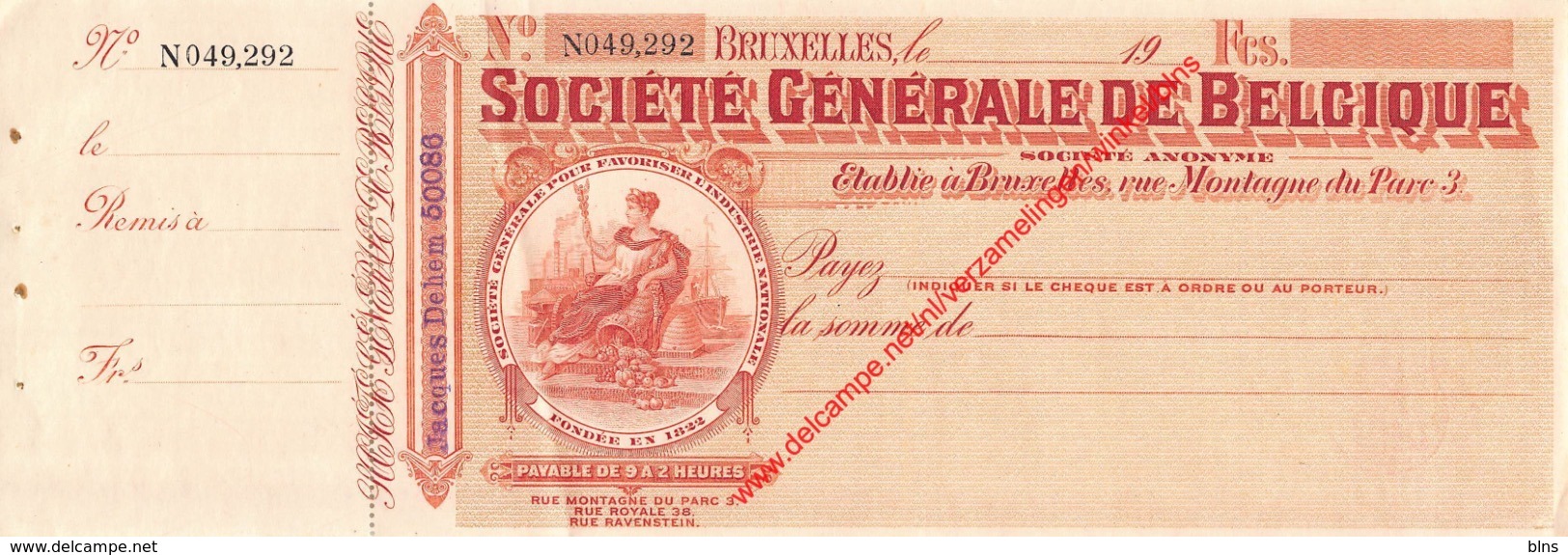 Société Générale De Belgique Cheque - Format 28,5x10cm - Banque & Assurance