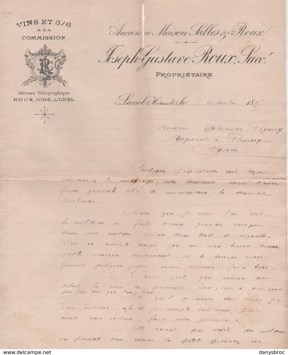 VINS ET 3/6 A LA COMMISSION - Joseph-Gustave Roux à Lunel (Hérault) 5/09/1895 - Lettre,facture Entête,document - Alimentos