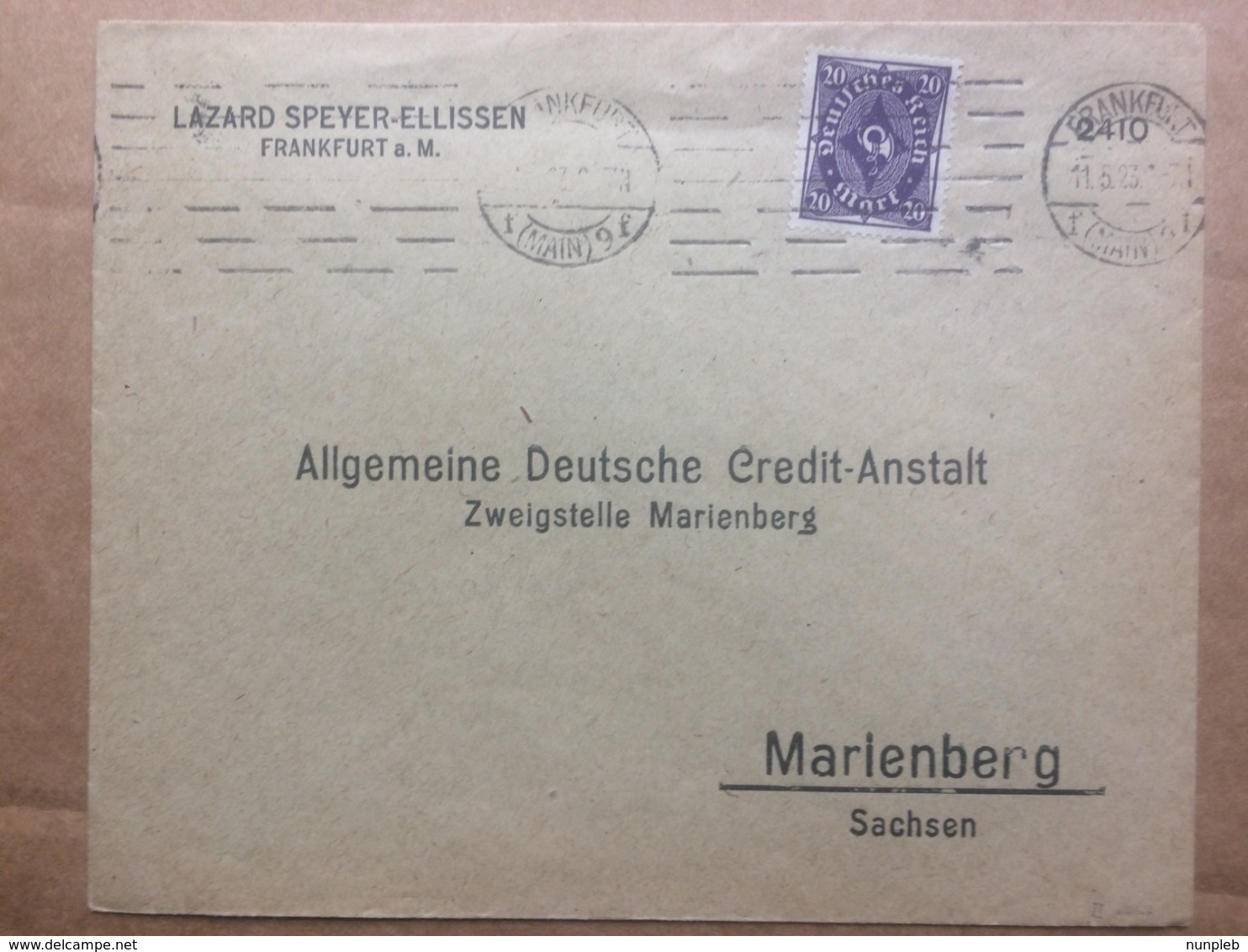 GERMANY 1923 May Cover Frankfurt To Marienberg - `Lazard Speyer-Ellissen` - Briefe U. Dokumente
