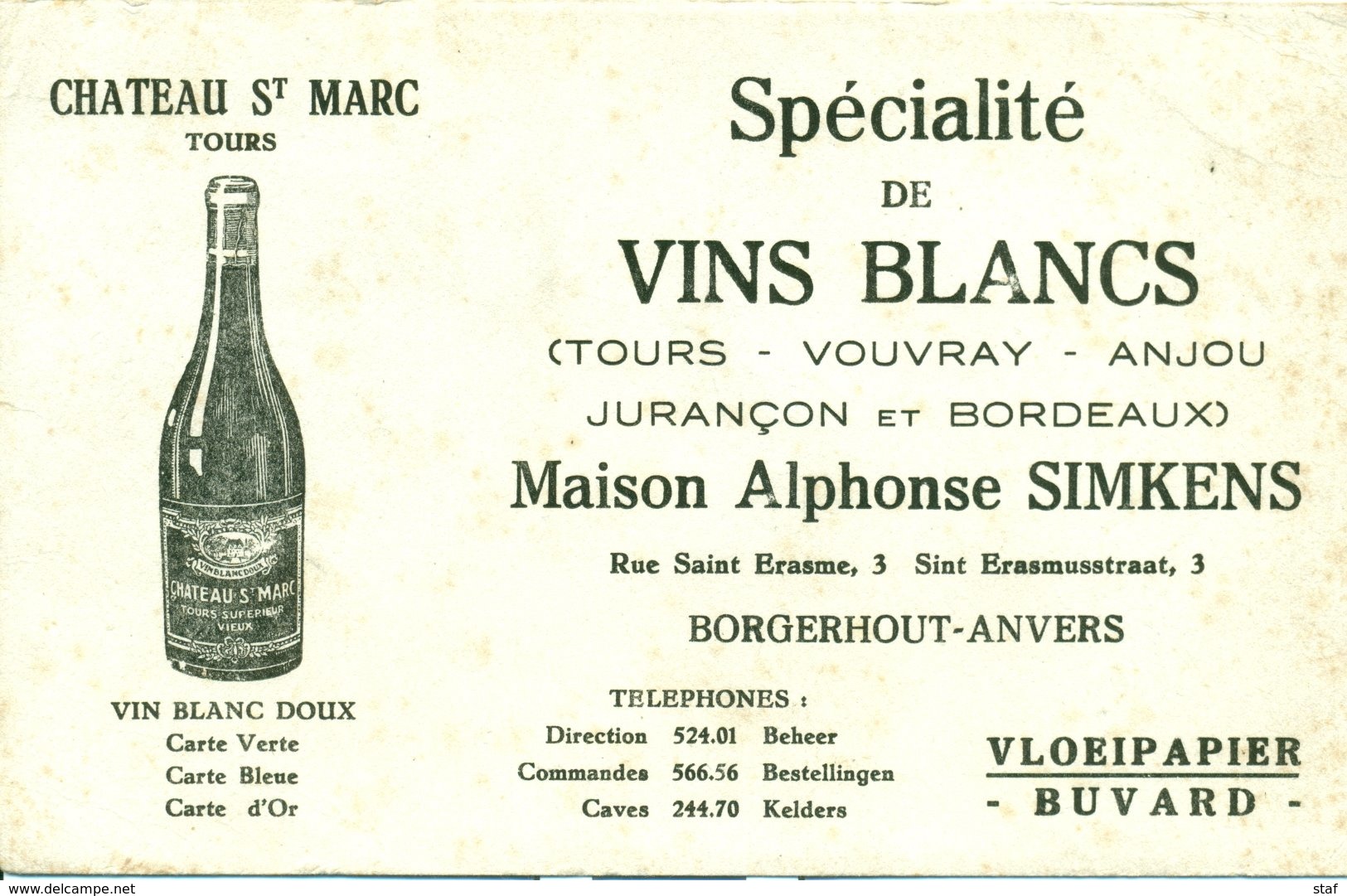 Vloeipapier - Buvard - Vin Blanc - Château St Marc - Maison Alphonse Simkens Borgerhout - Anvers - Liquore & Birra
