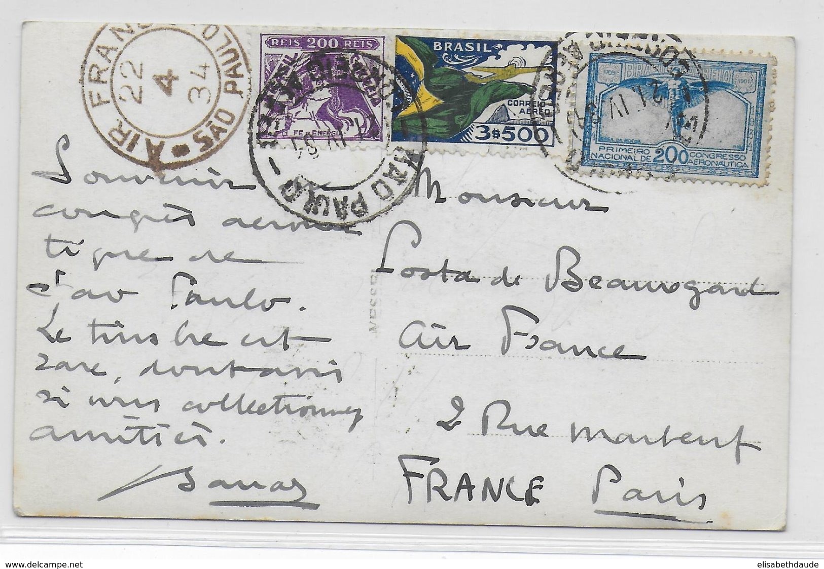 1934 - BRESIL - CARTE Du CONGRES AERONAUTIQUE Se SAO PAULO Avec TIMBRE DU CONGRES ! CACHET SPECIAL AIR FRANCE => PARIS - Lettres & Documents