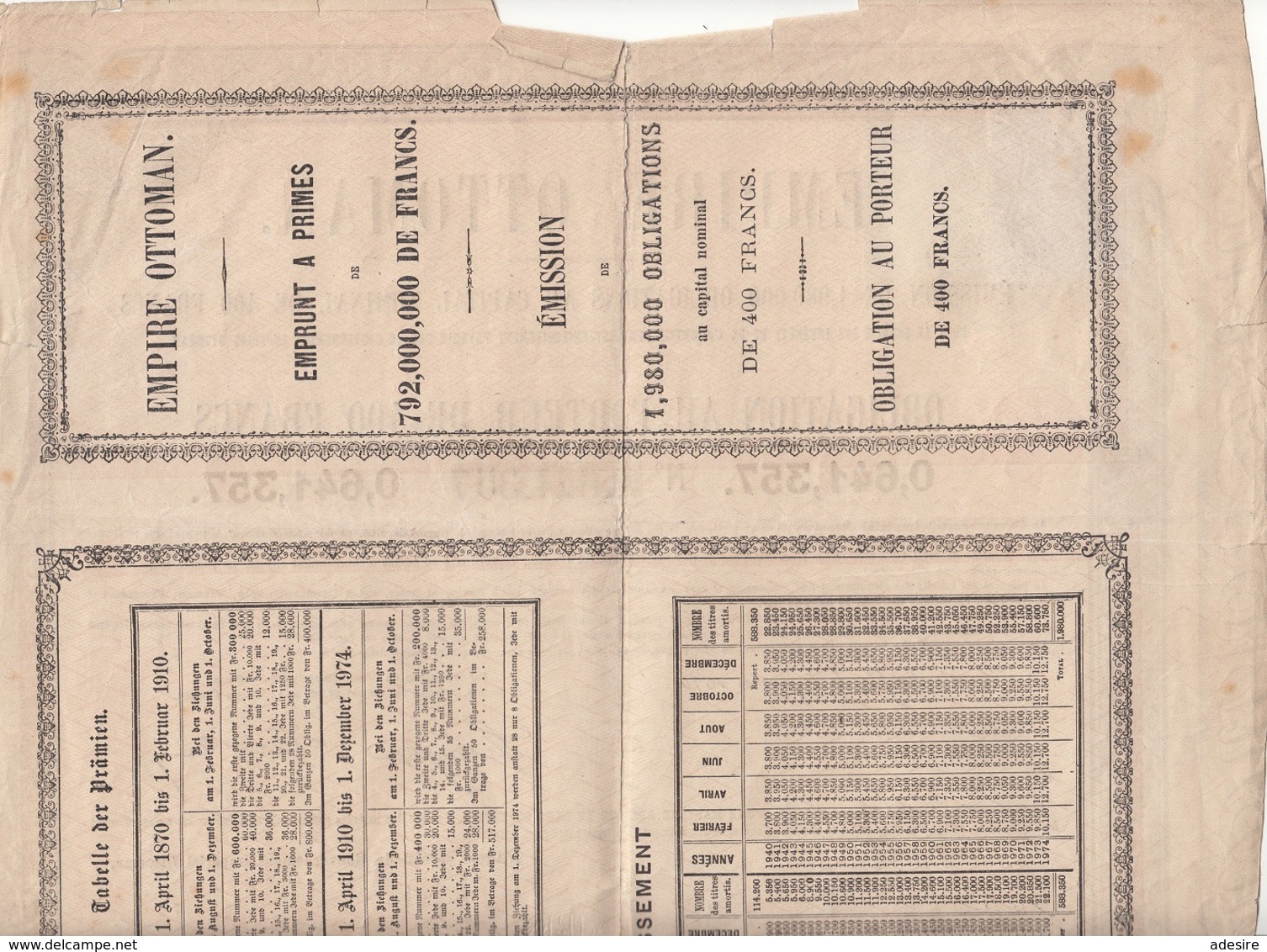 OBLIGATION AU PORTEUR DE 400 FRANC 1870 Ausgestellt Constantinopel 1 FL (Gulden) + 25 Kreuzer Stempelmarke, Dokument ... - Sonstige & Ohne Zuordnung