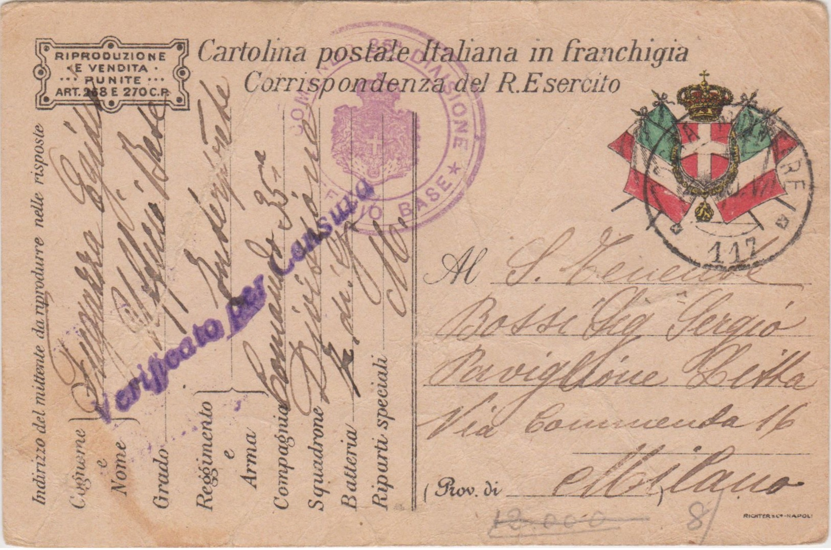 1917 POSTA MILITARE/ 117 C2 (19.10)  Su Cartolina Franchigia - Storia Postale