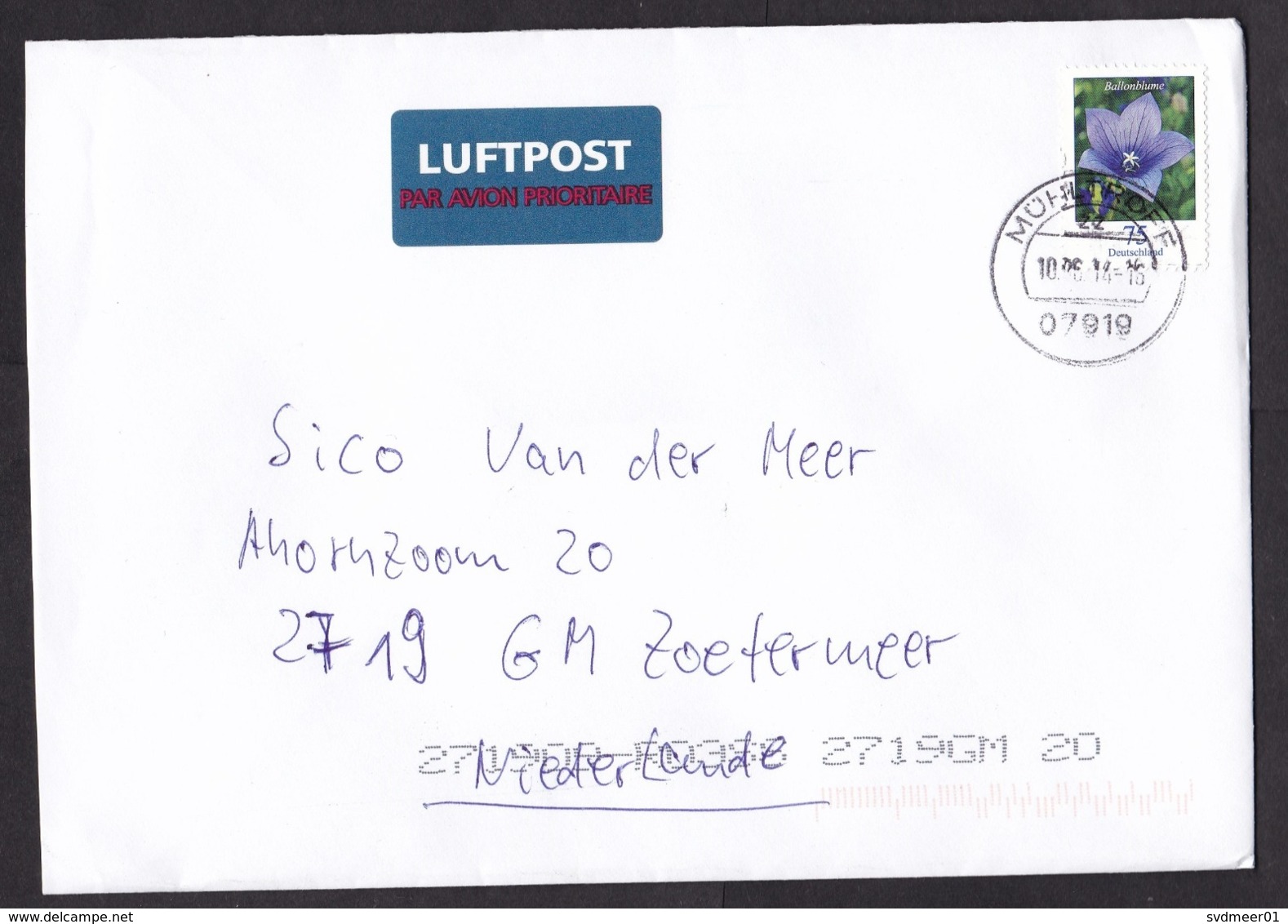 Germany: Airmail Cover To Netherlands, 2014, 1 Stamp, Flower, Air Label (traces Of Use) - Brieven En Documenten