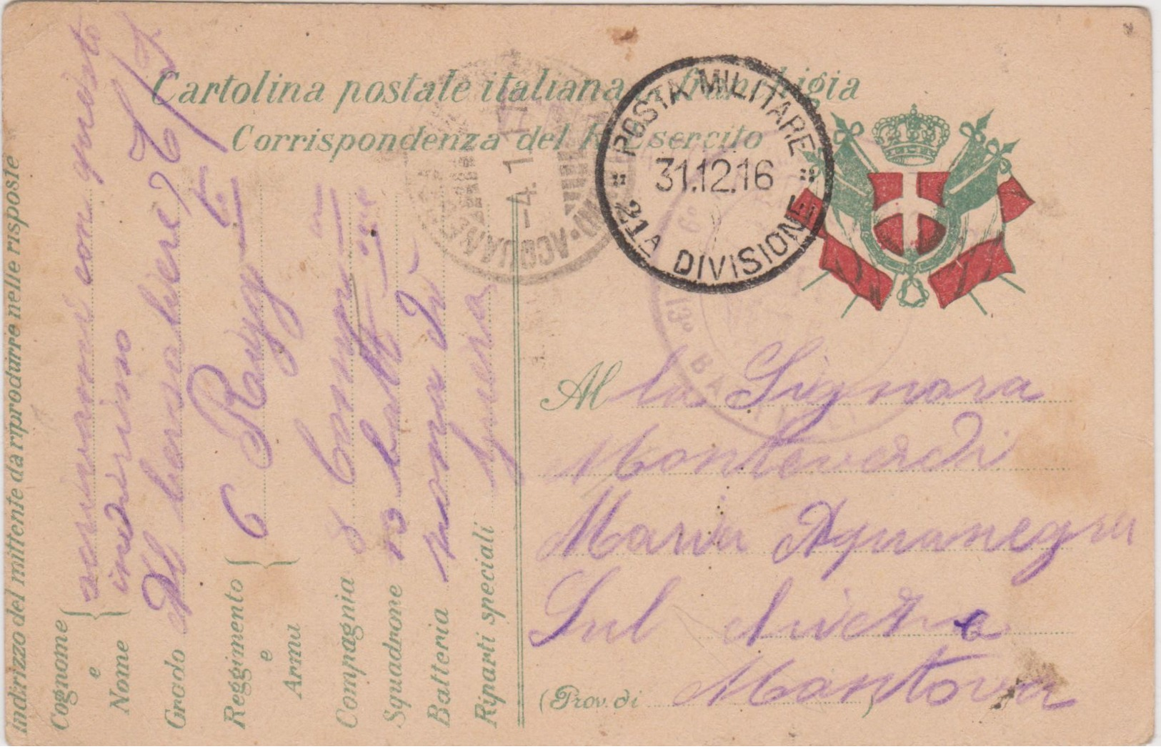 1916 POSTA MILITARE/ 21 DIVISIONE C2 (31.12) Su Cartolina Franchigia - Storia Postale