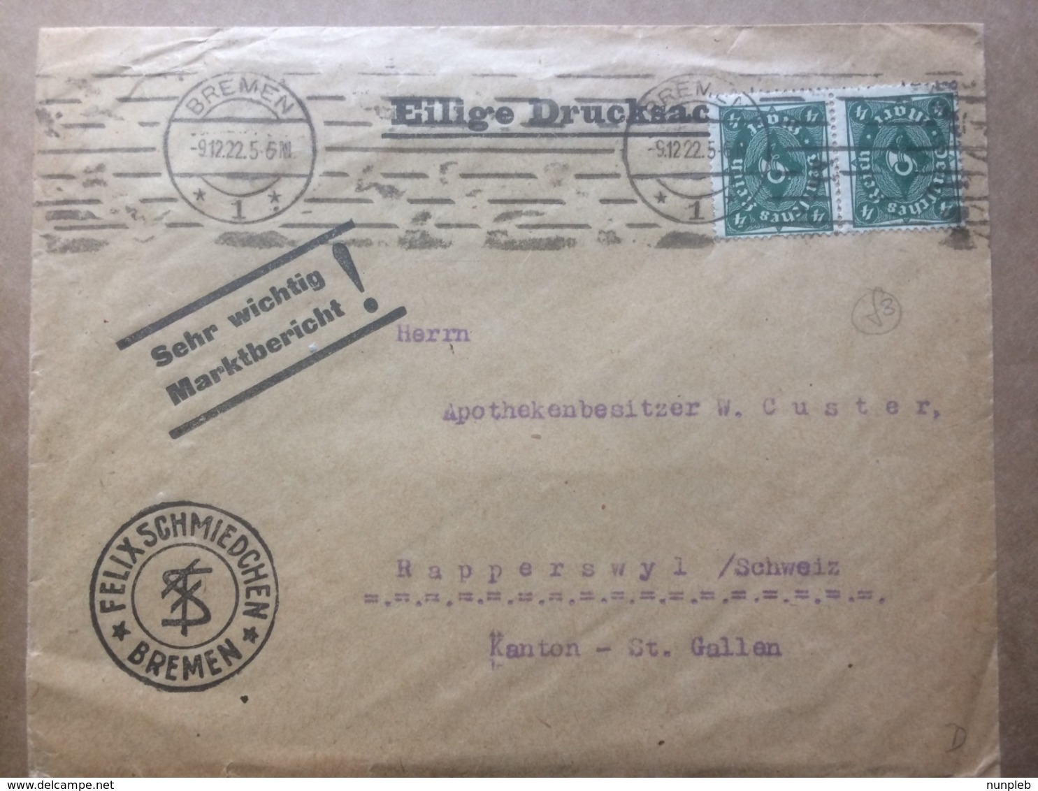 GERMANY 1922 Cover Bremen To Rapperswyl Switzerland - `Felix Schmiedchen` Cachet - Briefe U. Dokumente