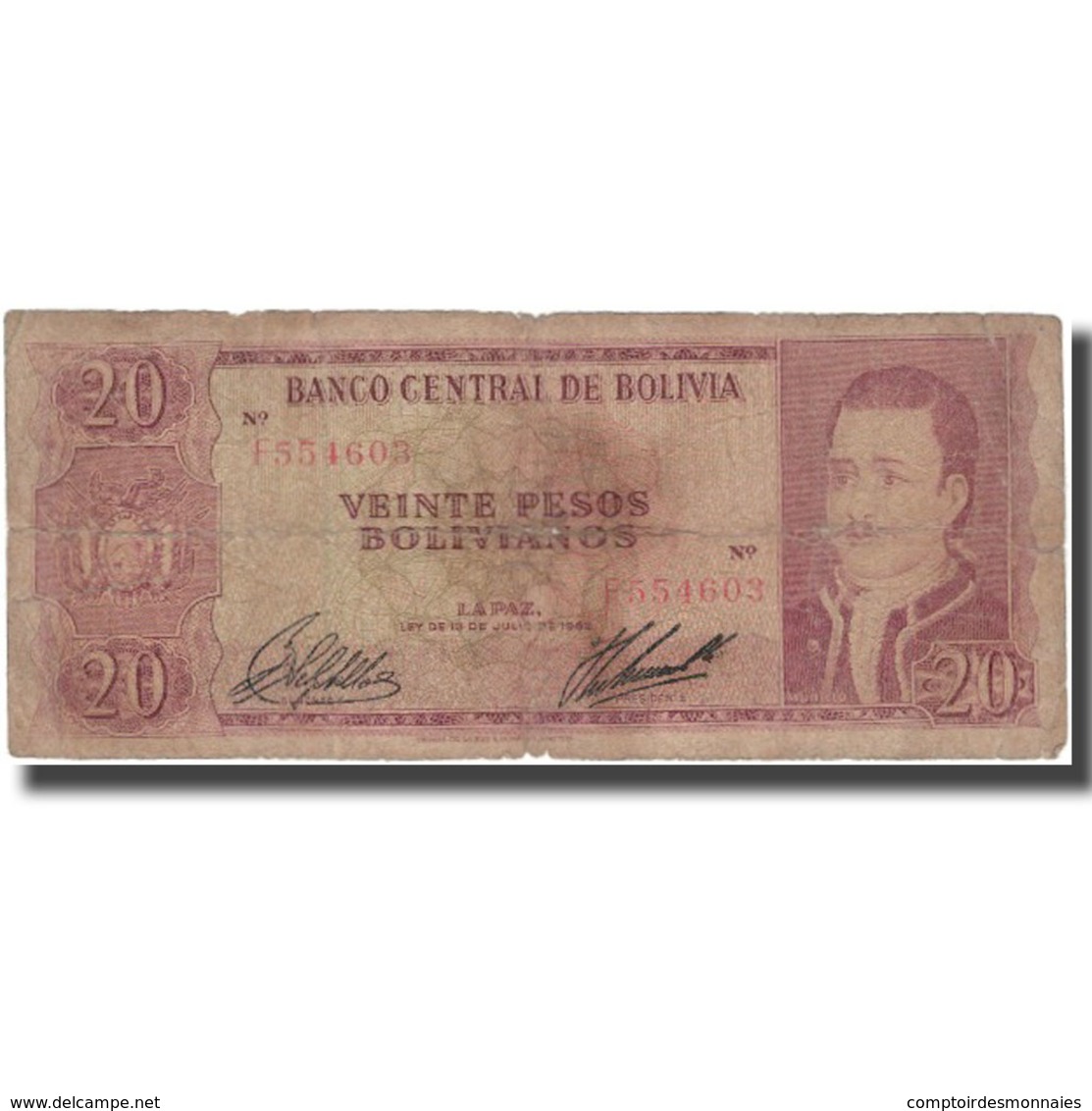 Billet, Bolivie, 20 Pesos Bolivianos, 1962-07-13, KM:161a, B - Bolivie