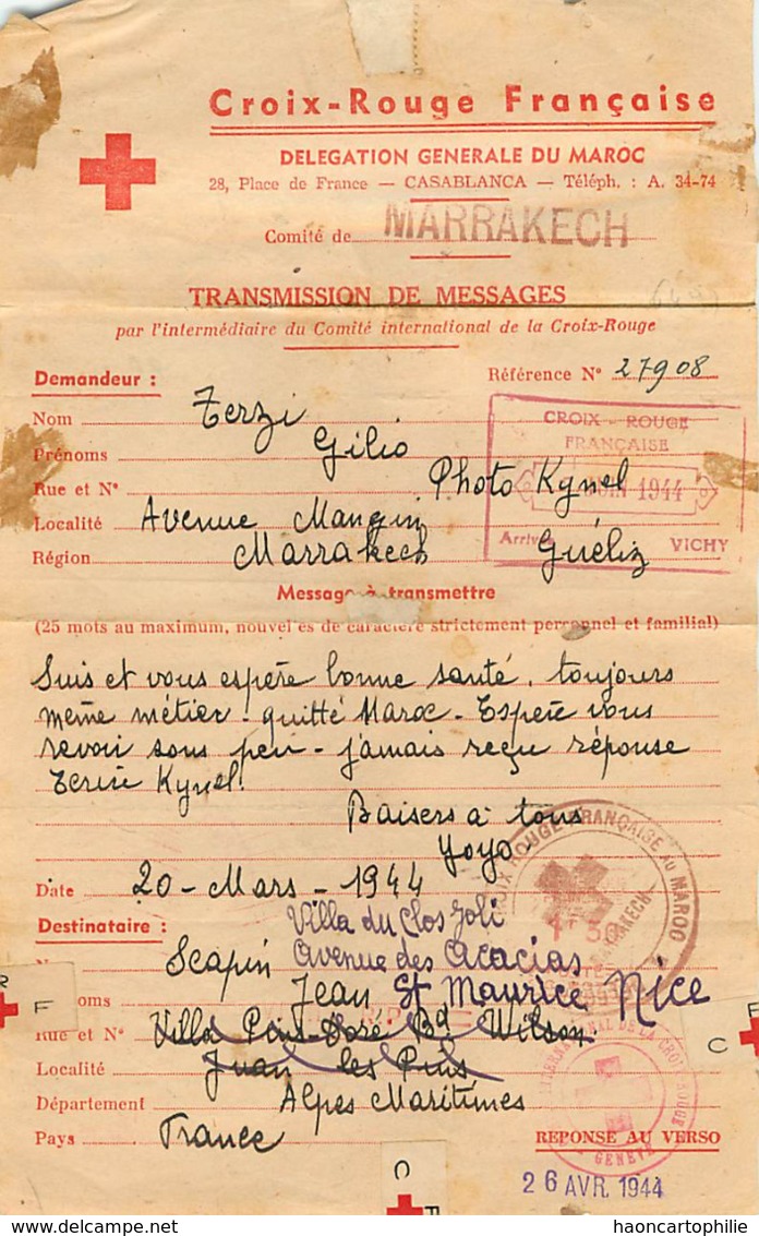 Croix Rouge Française Delegation Du Maroc  Cachet Croix Rouge - Rode Kruis