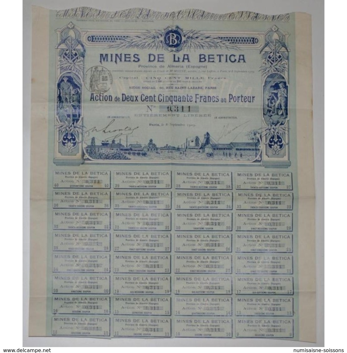 75 - PARIS 1909 - MINES DE LA BETICA - ACTION DE 250 FRANCS - - Mineral