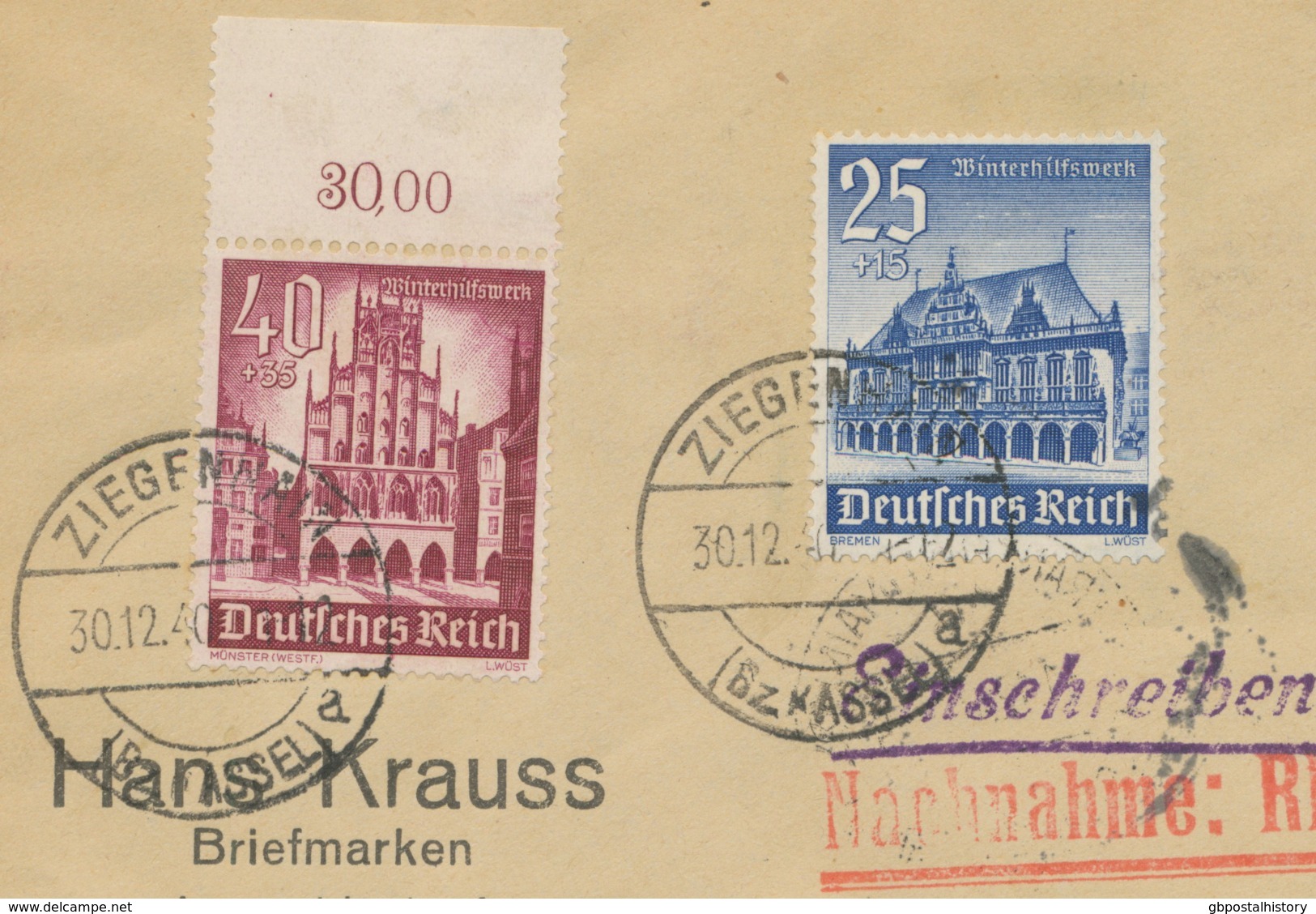 DEUTSCHES REICH 1940 Winterhilfswerk 25+15 Pf (Rathaus Bremen) Und 40+35 Pf (Rathaus Münster) Auf Seltene Kab.-Nachnahme - Lettres & Documents