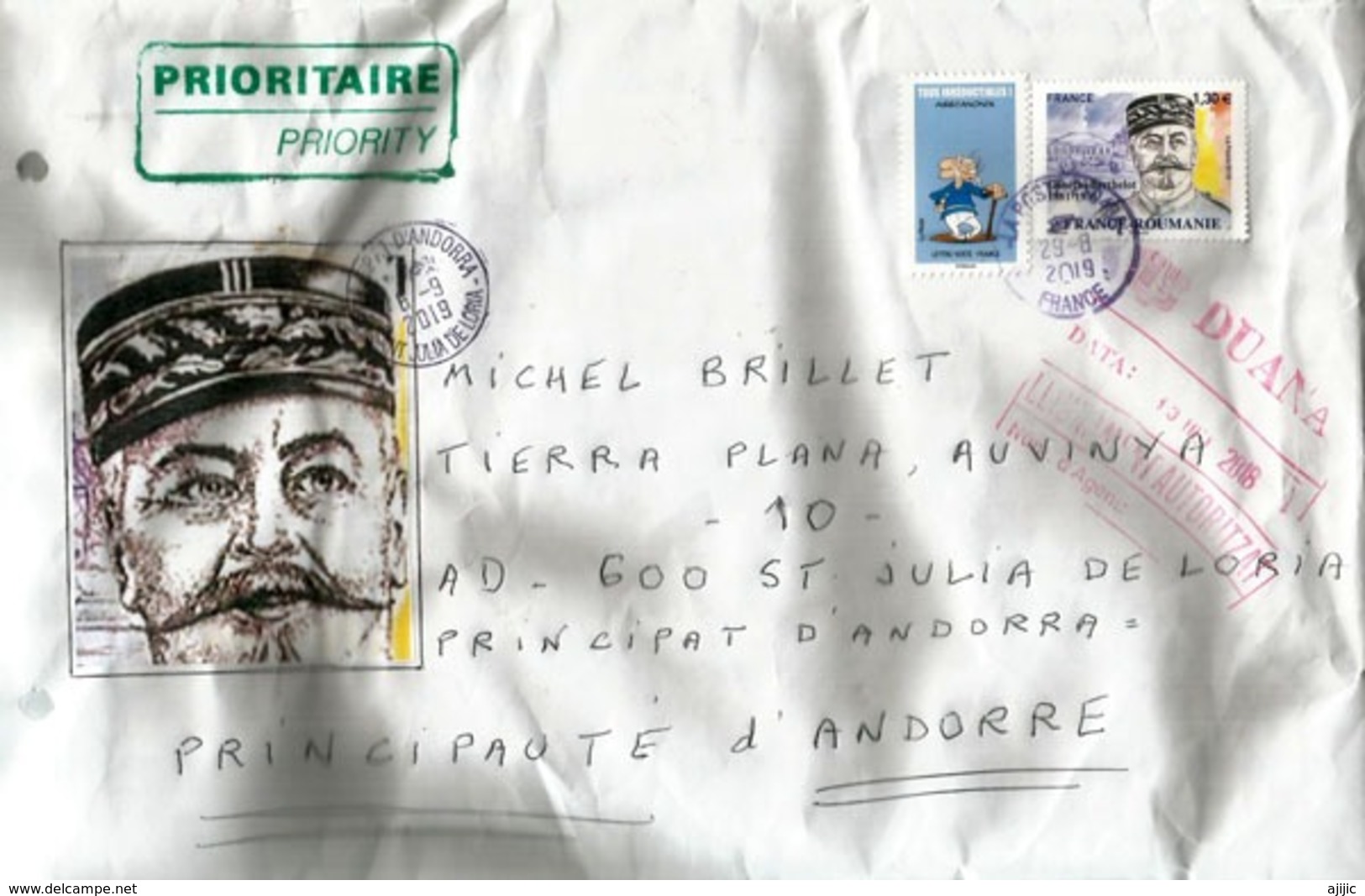 Lettre Général Berthelot 2019, Envoyée En Andorre, Avec Le Tampon De La Douanne Andorrane. DUANA ANDORRA. - Lettres & Documents