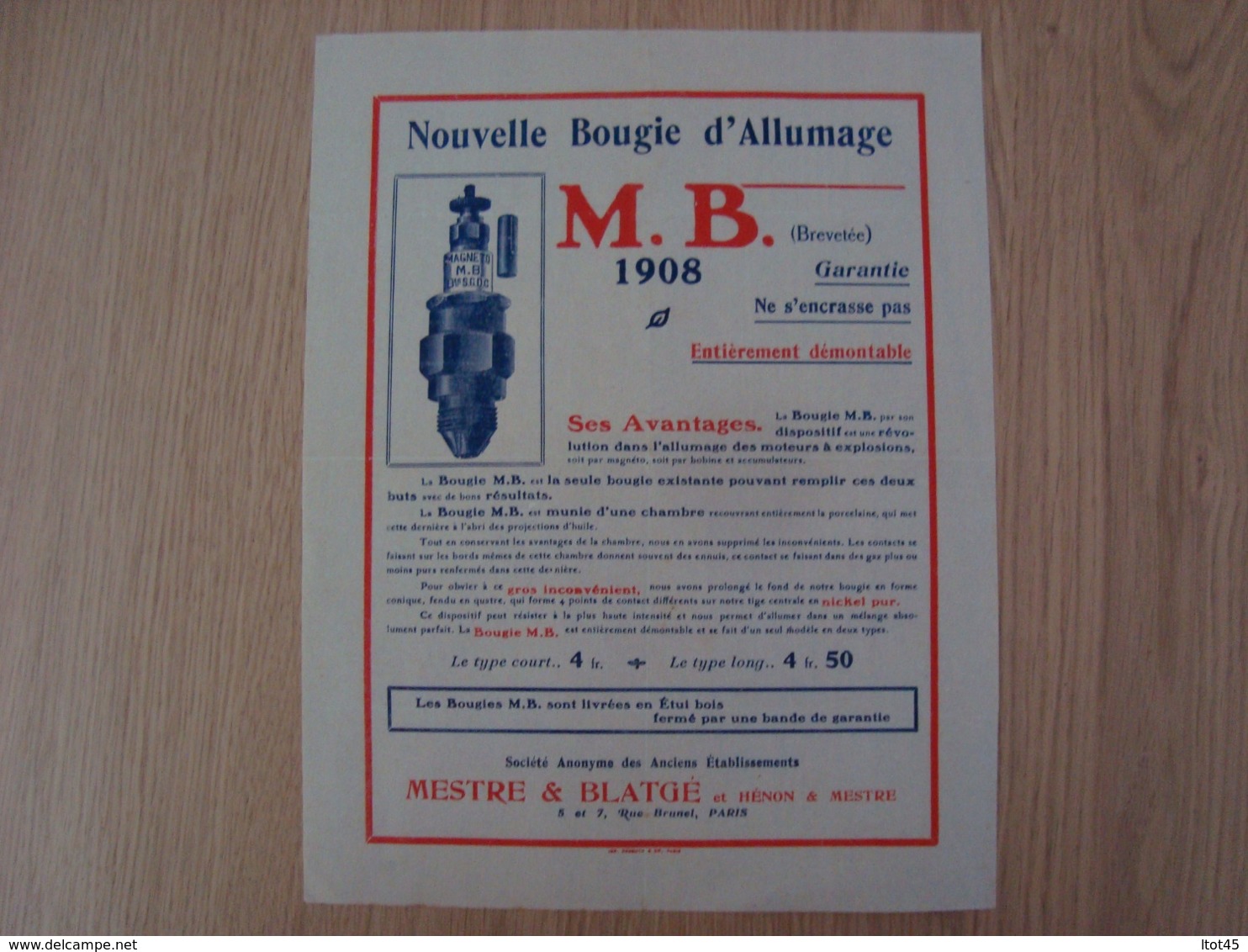 DOCUMENT PUBLICITAIRE BOUGIE D'ALLUMAGE M.B 1908 MESTRE & BLATGE - Cars