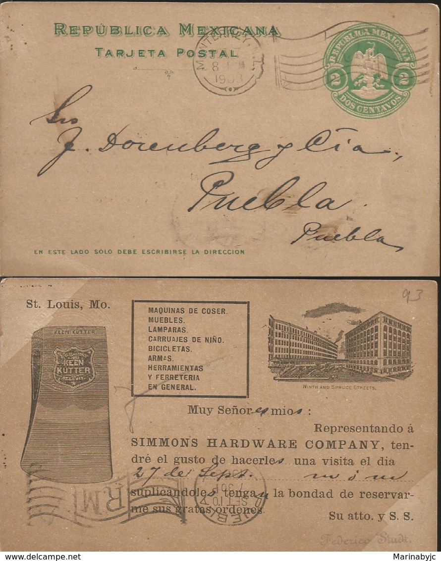 J) 1903 MEXICO, MEXICAN REPUBLIC, EAGLE 2 CENTS, POSTAL STATIONARY, POSTCARD, CIRCULATED COVER, FROM MEXICO TO PUEBLA - Mexico