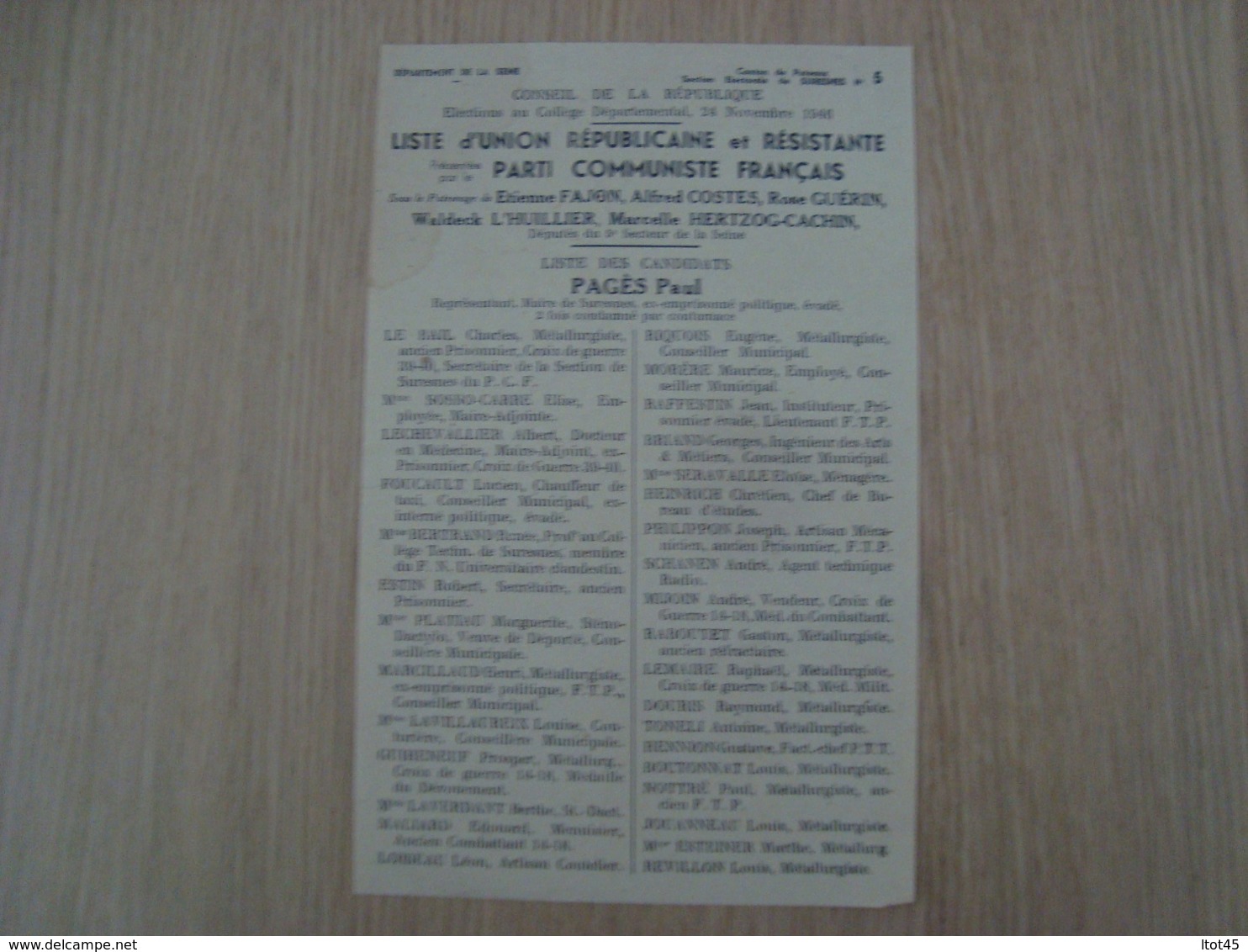 LISTE DE VOTE LISTE D'UNION REPUBLICAINE ET RESISTANTE PARTI COMMUNISTE FRANCAIS 1946 - Documentos Históricos