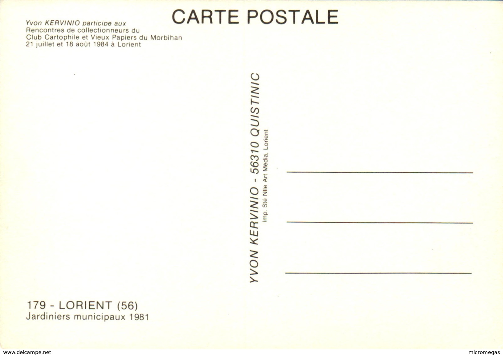CCVPM - Rencontres De Collectionneurs Lorient 1984 - LORIENT - Jardiniers Municipaux 1981 - Bourses & Salons De Collections