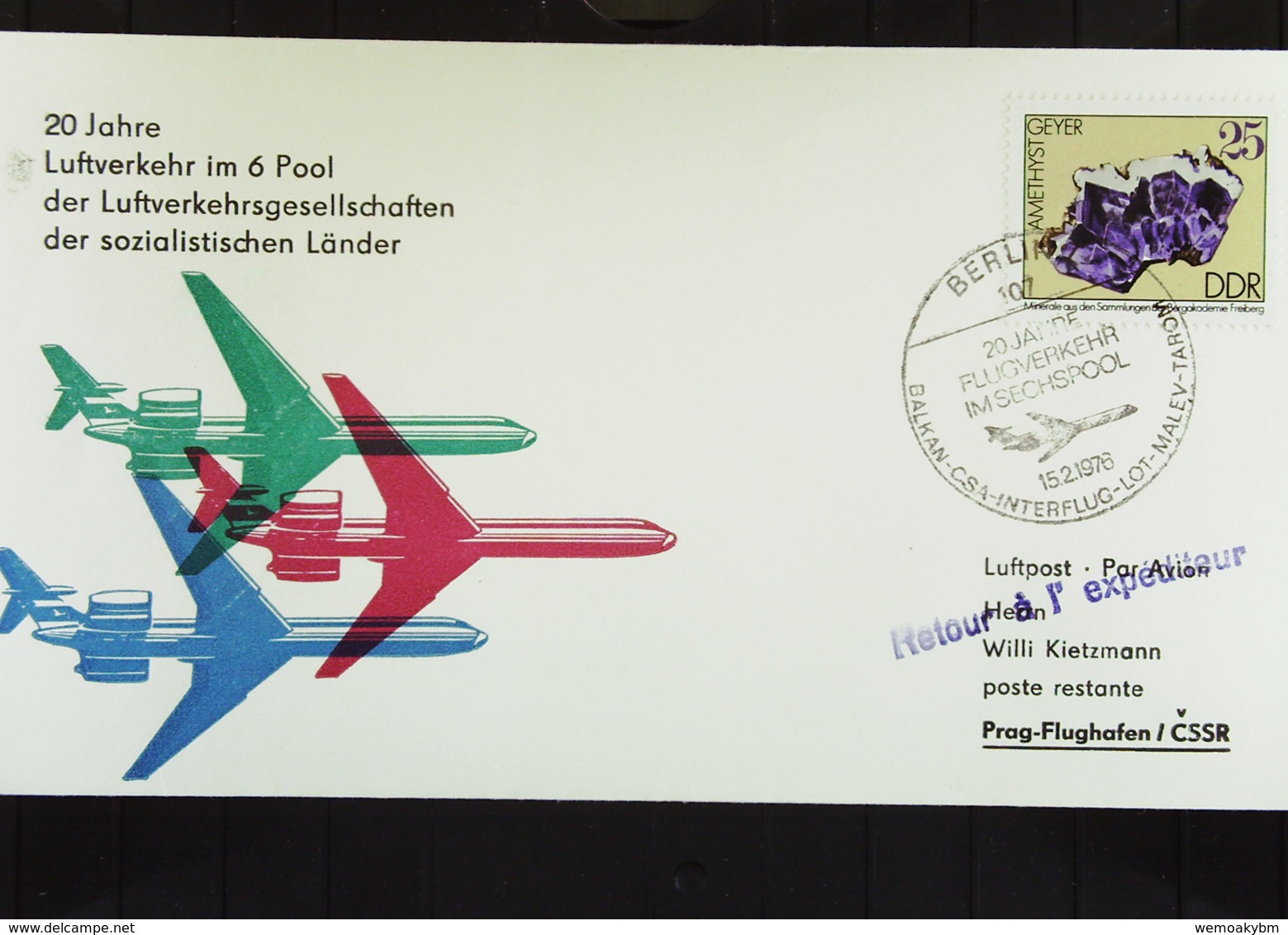 DDR: Lp-Brief Mit 25 Pf Minerale Mit Interflug BERLIN-PRAG Mit SoSt. "20 Jahre Flugverkehr Im Sechspool" Vom 15.2.76 - Posta Aerea