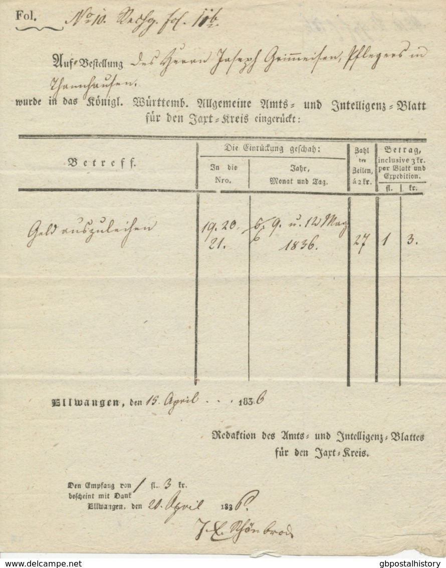 WÜRTTEMBERG 1836, Nota über 1 Florint Und 3 Kreuzer Vom INTELLIGENZBLATT ELLWANGEN – Sehr Gute Erhaltung - 1800 – 1899