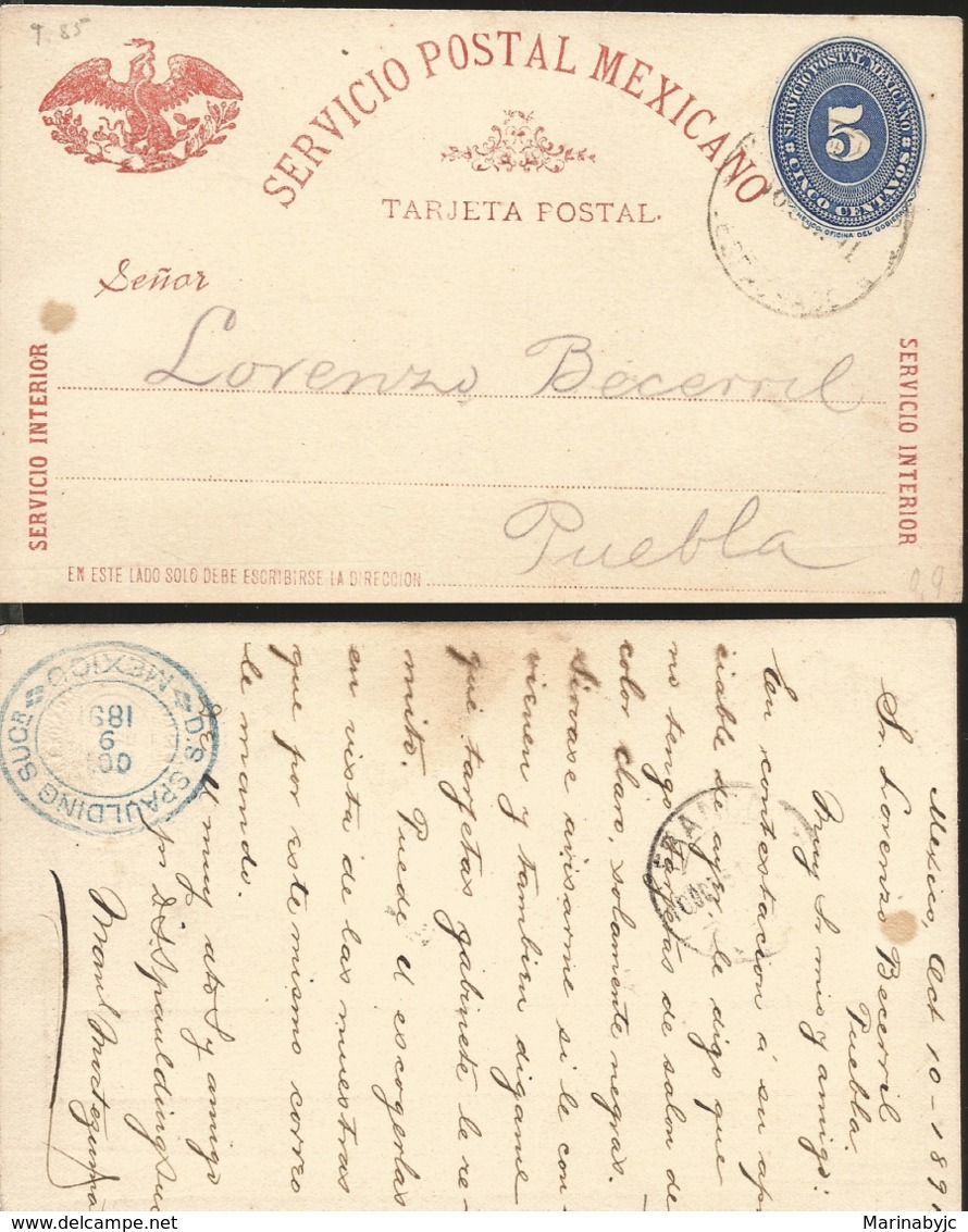 J) 1891 MEXICO, MEXICAN POSTAL SERVICE, EAGLE, NUMERAL 5 CENTS BLUE, POSTCARD, POSTAL STATONARY, CIRCULATED COVER, FROM - Messico