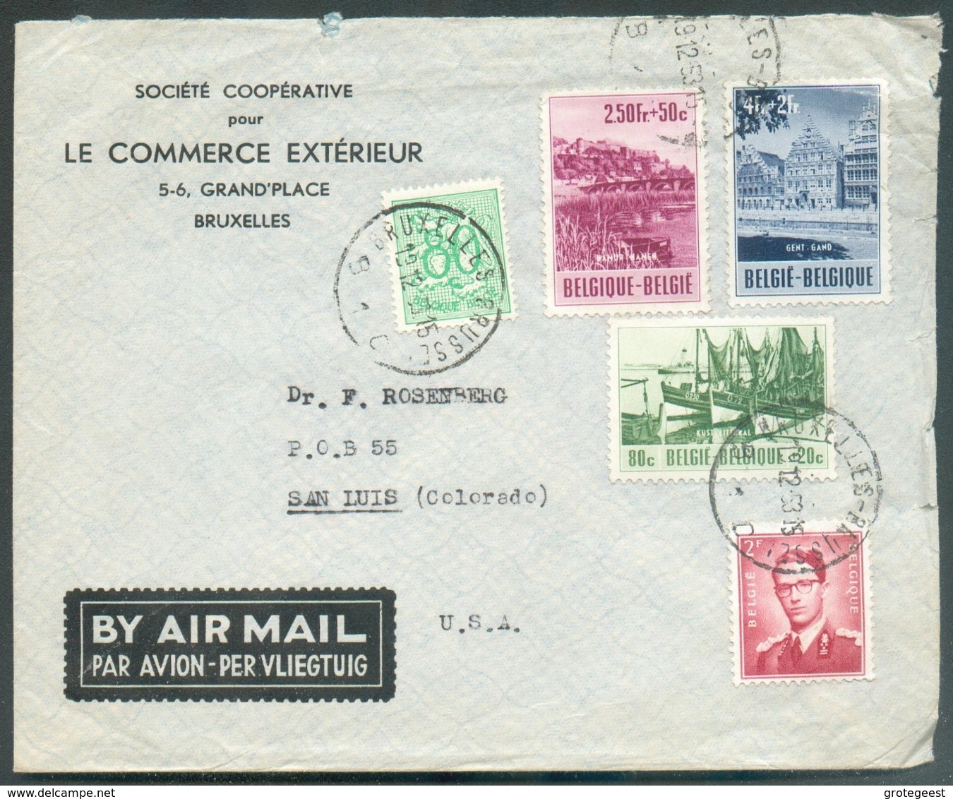 N°857-918-921/922-925 Obl; Sc BRUXELLES Sur Lettre Par Avion Du 19-12-53 Vers San Luis (USA) - 14566 COB 45 Euros - Covers & Documents