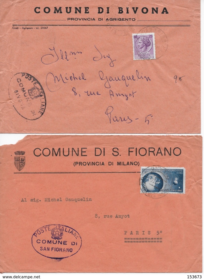 7 Enveloppes Lettre Italie BIVONA  - SAN FIORANO - VAIA E LATINA - BITONTO - BELMONTE PICENO - ACIREALE - BARRAFRANCA - 1946-60: Marcophilia