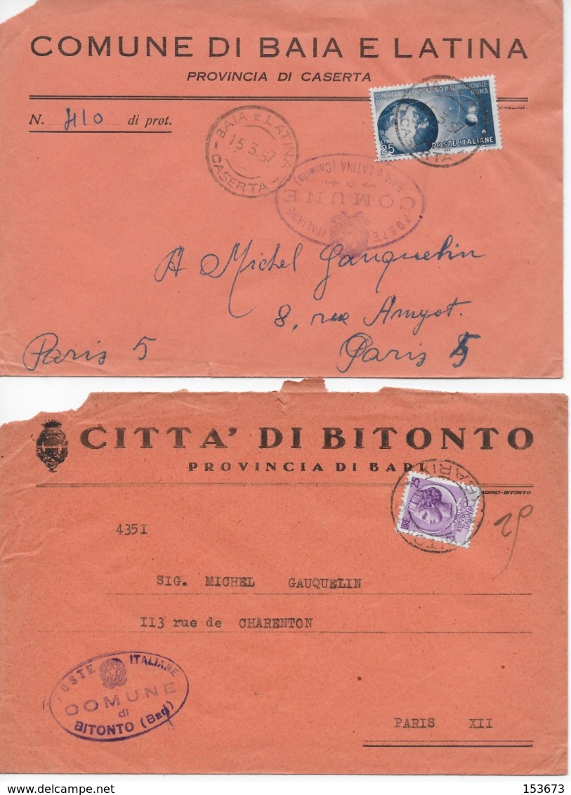 7 Enveloppes Lettre Italie BIVONA  - SAN FIORANO - VAIA E LATINA - BITONTO - BELMONTE PICENO - ACIREALE - BARRAFRANCA - 1946-60: Marcophilia