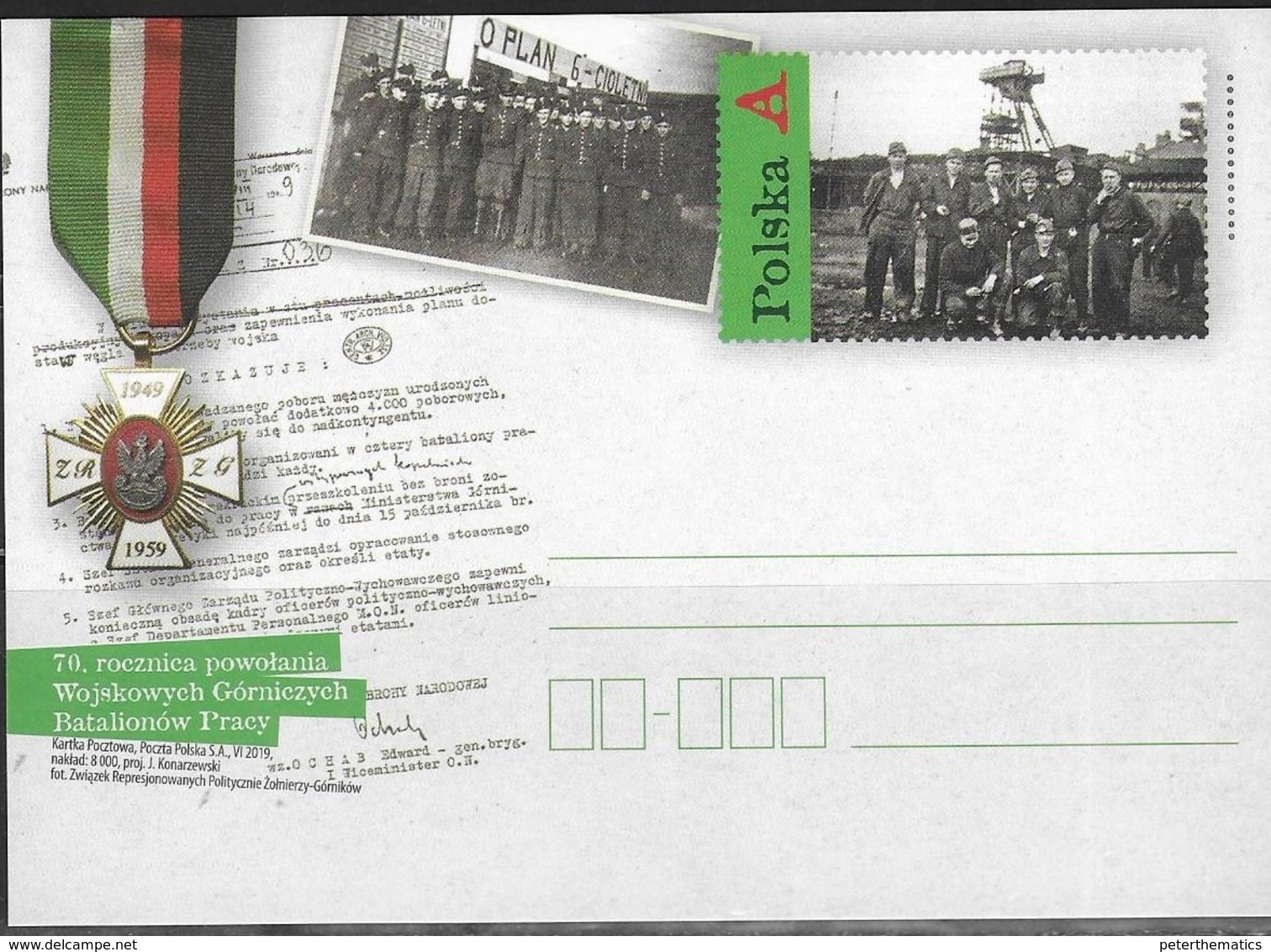 POLAND, 2019,MINT POSTAL STATIONERY, PREPAID POSTCARD, MINING BATTALIONS, MEDALS - Unclassified