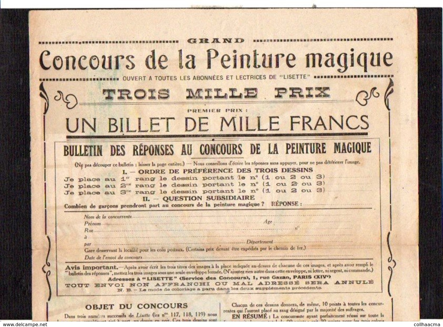 Supplément Gratuit Au N° 119 De "LISETTE" 1923 / GRAND CONCOURS DE LA PEINTURE MAGIQUE / Dessin N°5 - Autres & Non Classés