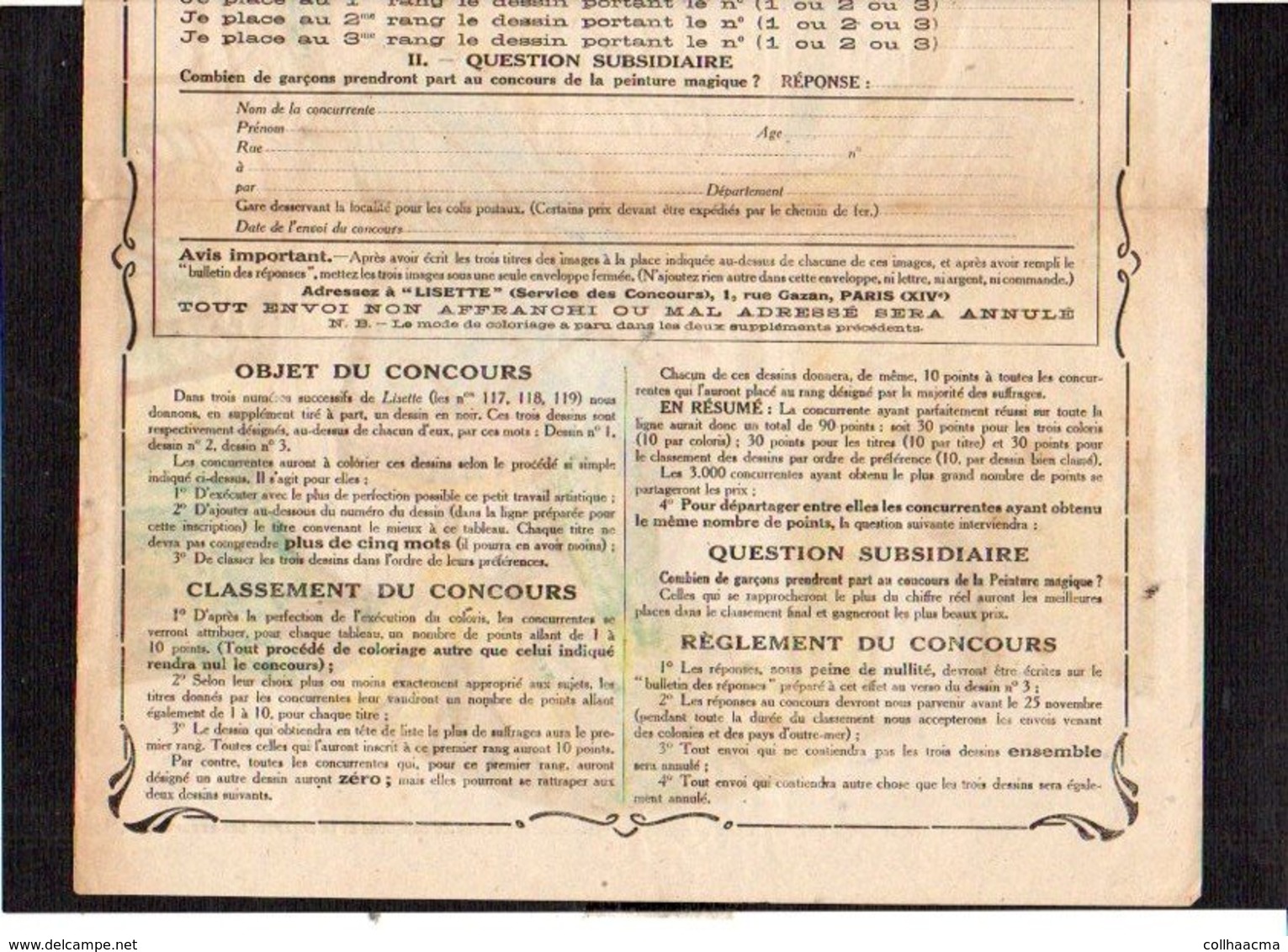 Supplément Gratuit Au N° 119 De "LISETTE" 1923 / GRAND CONCOURS DE LA PEINTURE MAGIQUE / Dessin N°5 - Autres & Non Classés