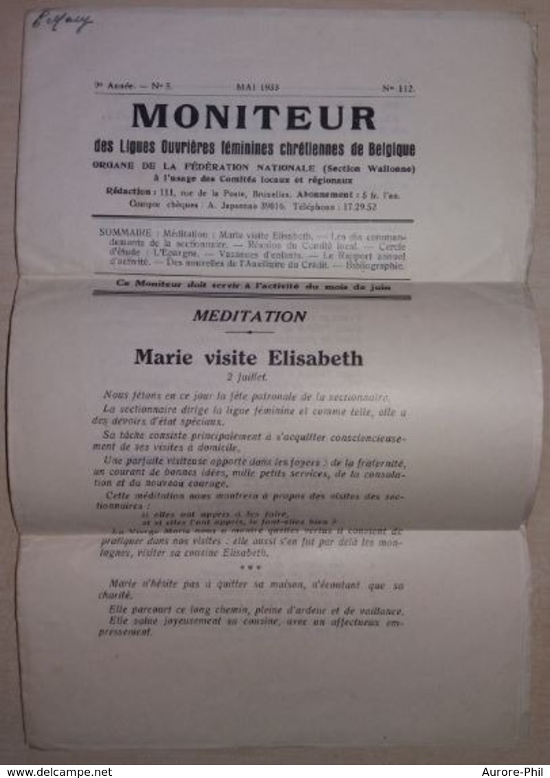 Vieux Journal Moniteur Des Ligues Ouvrières Féminines Chrétiennes De Belgique - Mai 1933 - Tijdschriften