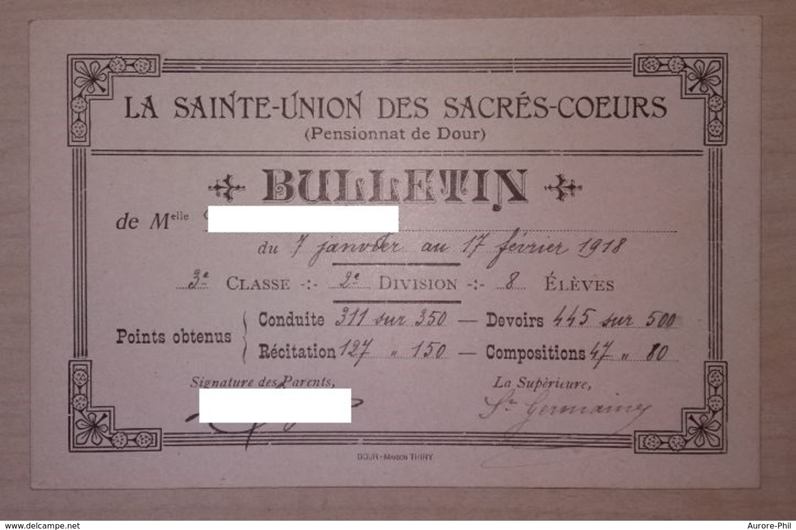 Bulletin Scolaire De La Saint Union à Dour 1918 - Diplômes & Bulletins Scolaires