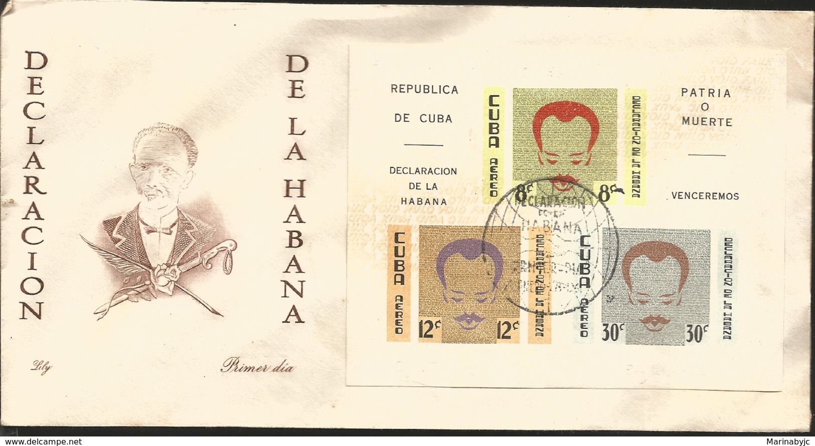 V) 1961 CARIBBEAN, DECLARATION OF HAVANA, JOSE MARTI, BLACK CANCELLATION,  SOUVENIR SHEET IMPERFORATE, FDC - Lettres & Documents