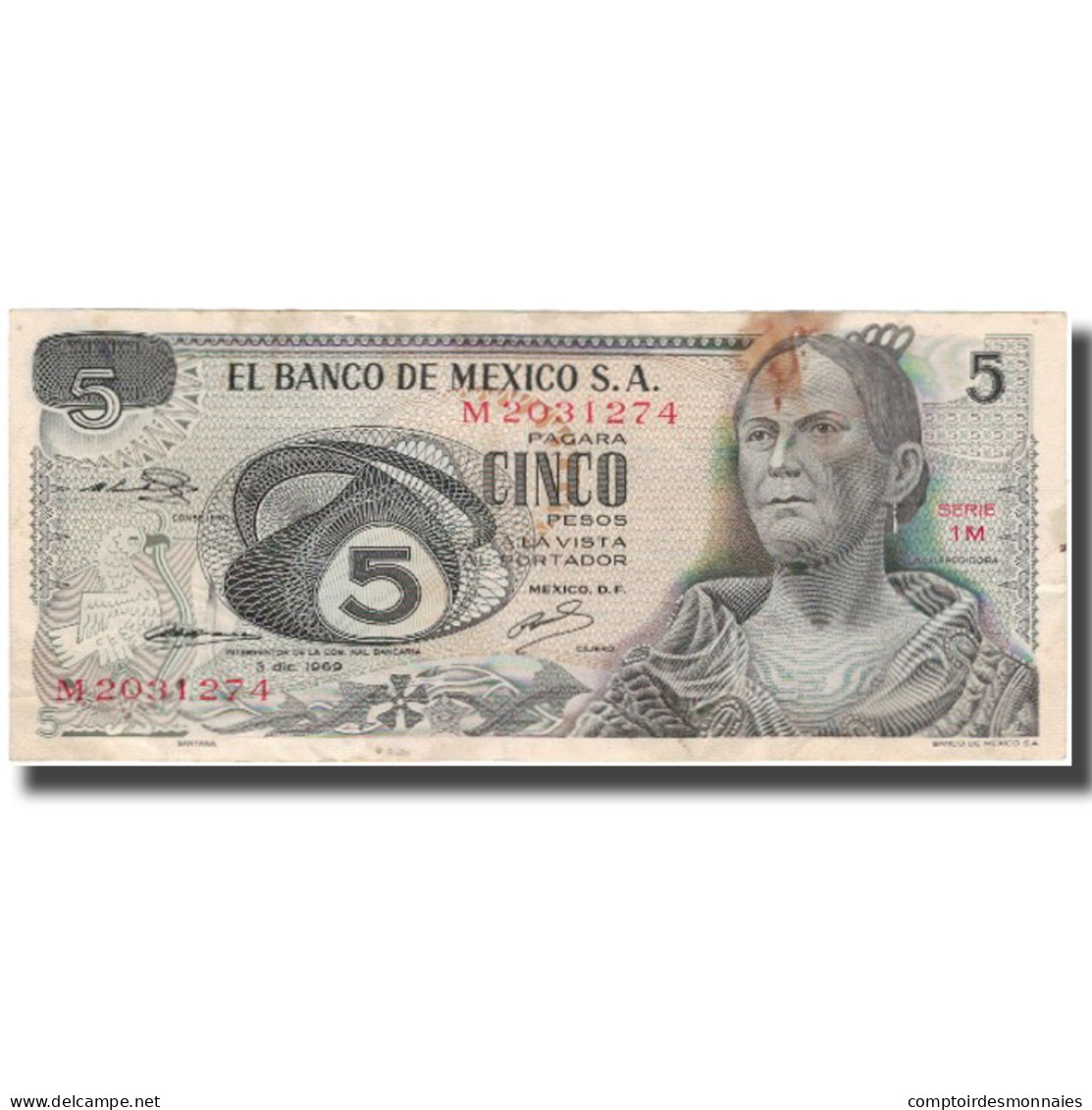 Billet, Mexique, 5 Pesos, 1969-12-03, KM:62a, TB - Mexique