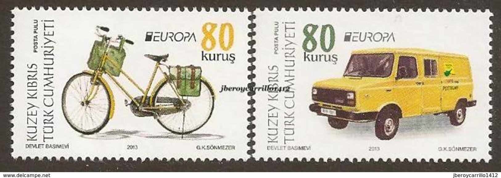 CHIPRE TURCO / CYPRUS TURKISCH- EUROPA 2013 -TEMA ANUAL " POSTAL VEHICLE"-  SERIE De  2 V - DENTADOS - 2013