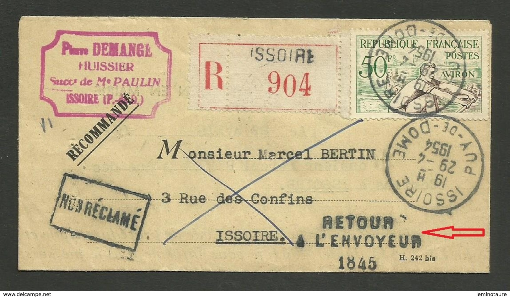 50F Aviron / Recommandée ISSOIRE - PUY DE DOME 29.04.1954 / Cachet " Retour à L'envoyeur 1845 " - 1921-1960: Période Moderne