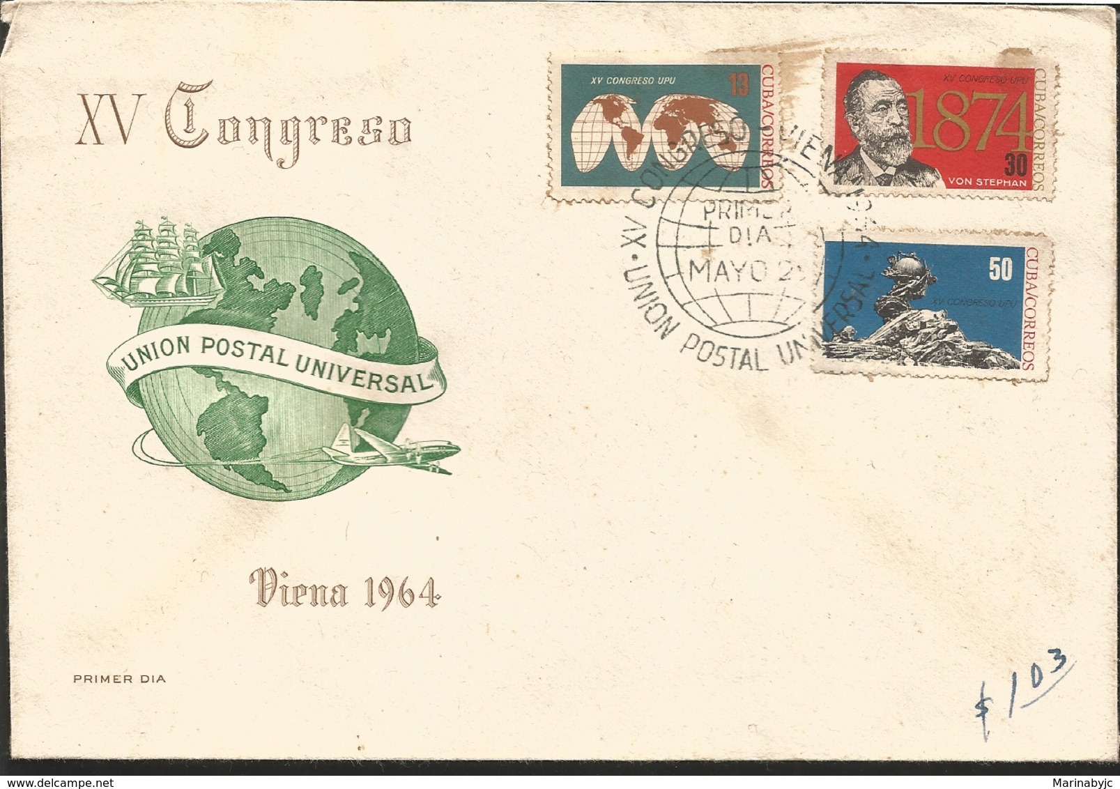 V) 1964 CARIBBEAN, 15TH UPU CONGRESS, VIENNA, WITH SLOGAN CANCELATION, BLACK CANCELLATION, FDC - Covers & Documents