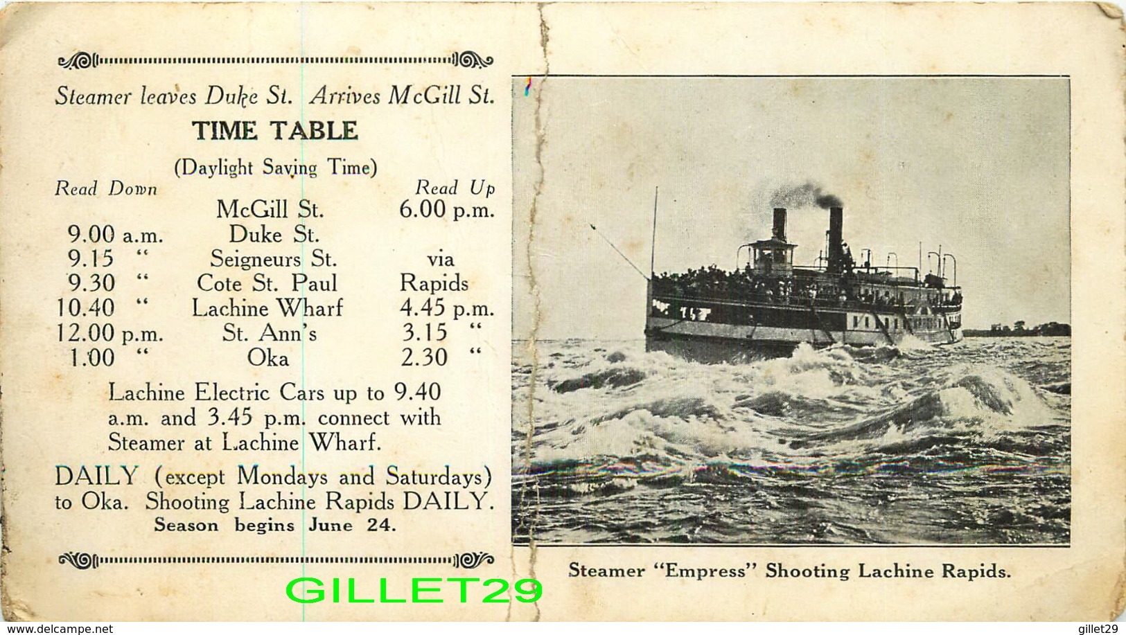 TIME TABLE - STEAMER " EMPRESS " SHOOTING LACHINE RAPIDS, QUEBEC - PRIVATE MAILING CARD - - Monde