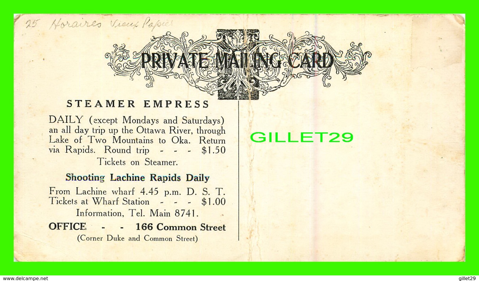 TIME TABLE - STEAMER " EMPRESS " SHOOTING LACHINE RAPIDS, QUEBEC - PRIVATE MAILING CARD - - World