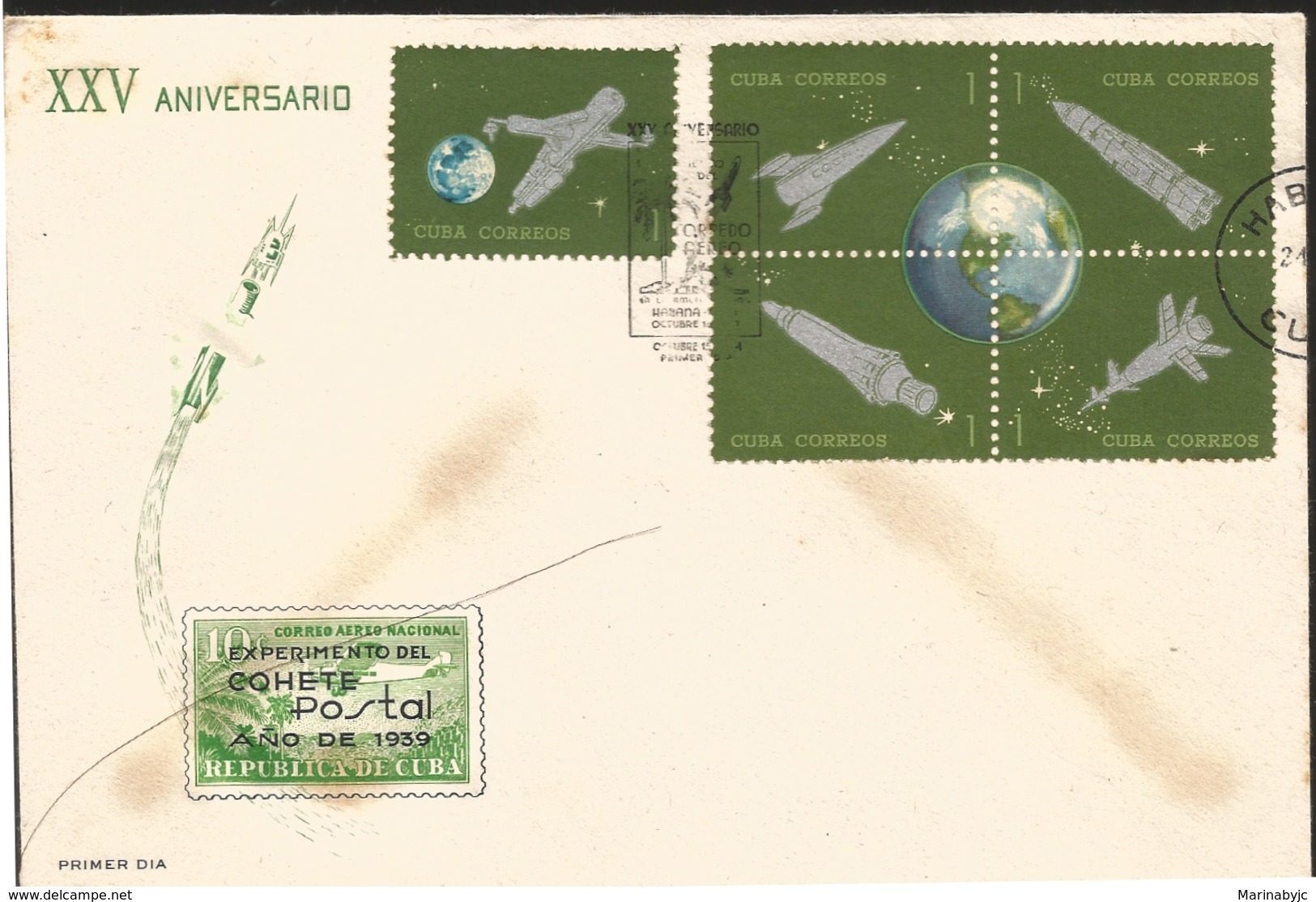 V) 1964 CARIBBEAN, EXPERIMENTAL CUBAN POSTAL ROCKET FLIGHT, 25TH ANNIVIVERSARY, WITH SLOGAN CANCELATION, BLACK CANCELLAT - Briefe U. Dokumente