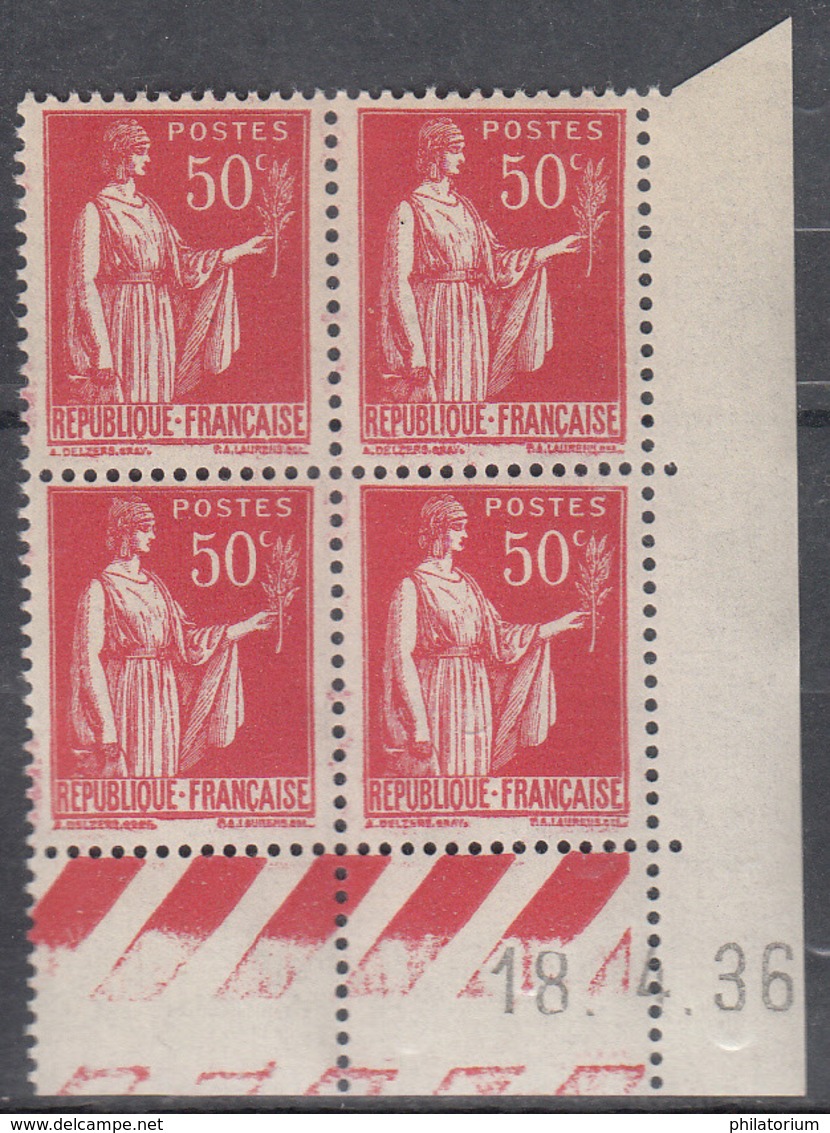 FRANCE  Coin Daté ** Type Paix 50c Rouge Yvert 283  18.4.36  Neuf Sans Charnière - 1930-1939