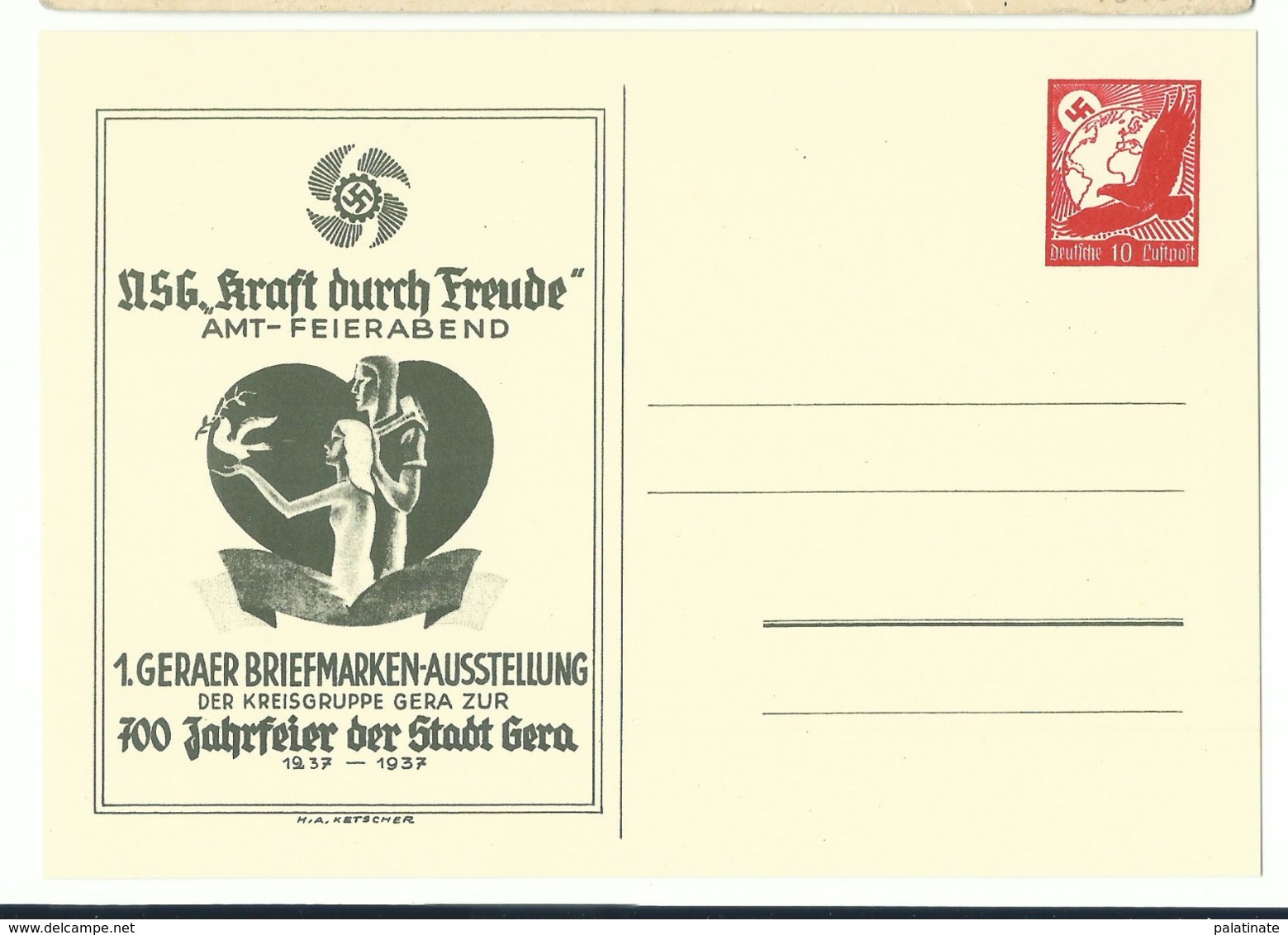 DR Privat-Ganzsache Kraft Durrch Freude Gera 1937 Ungelaufen - Other & Unclassified